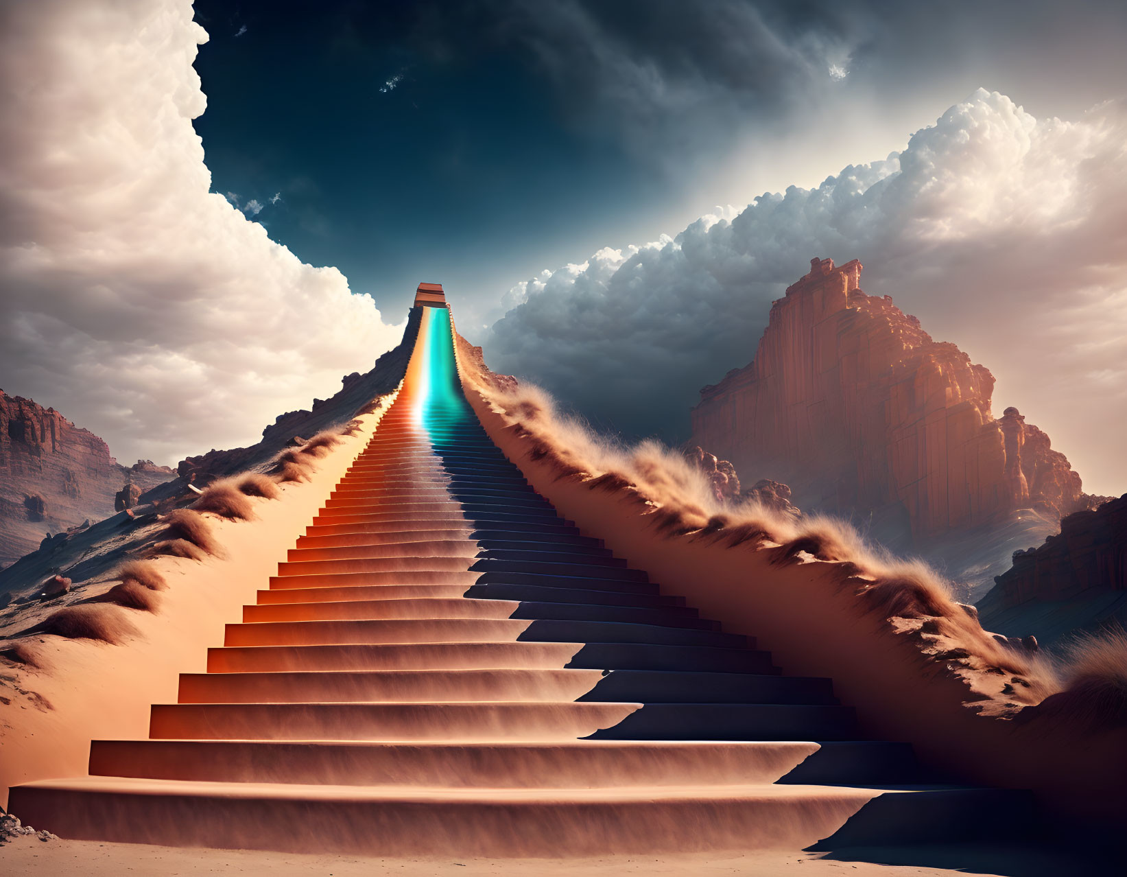 Surreal landscape with grand staircase and rocky cliffs under dramatic sky