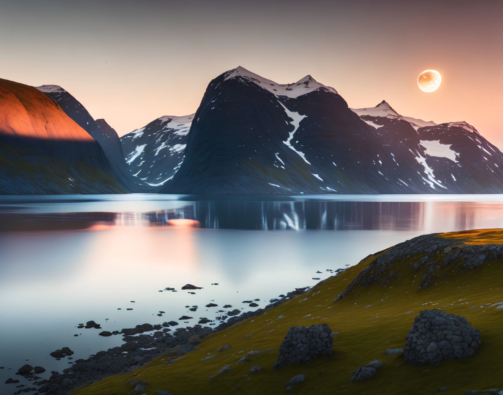 Snow-capped mountains, lake, and full moon in serene twilight landscape