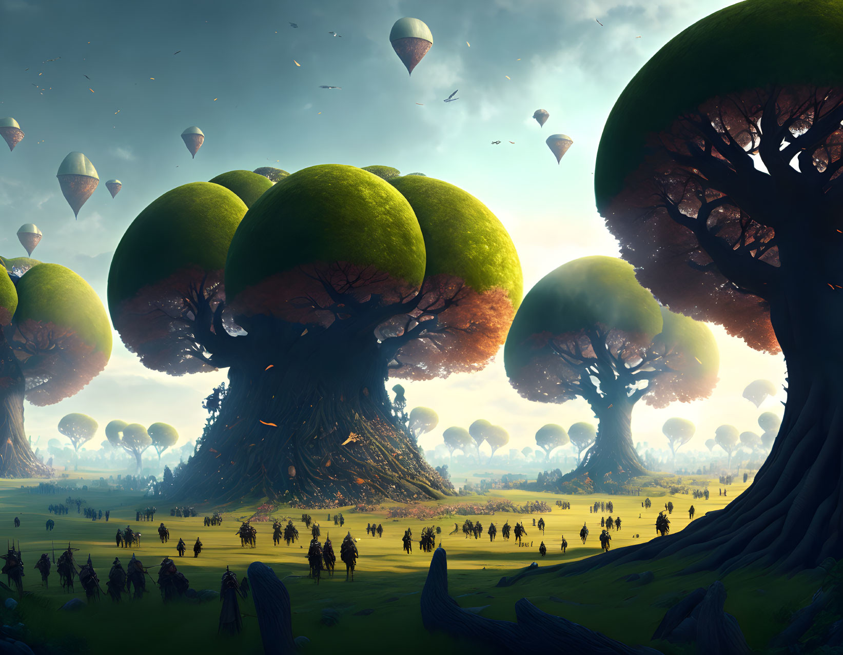 Fantastical landscape with oversized broccoli-like trees and hot air balloons in serene setting