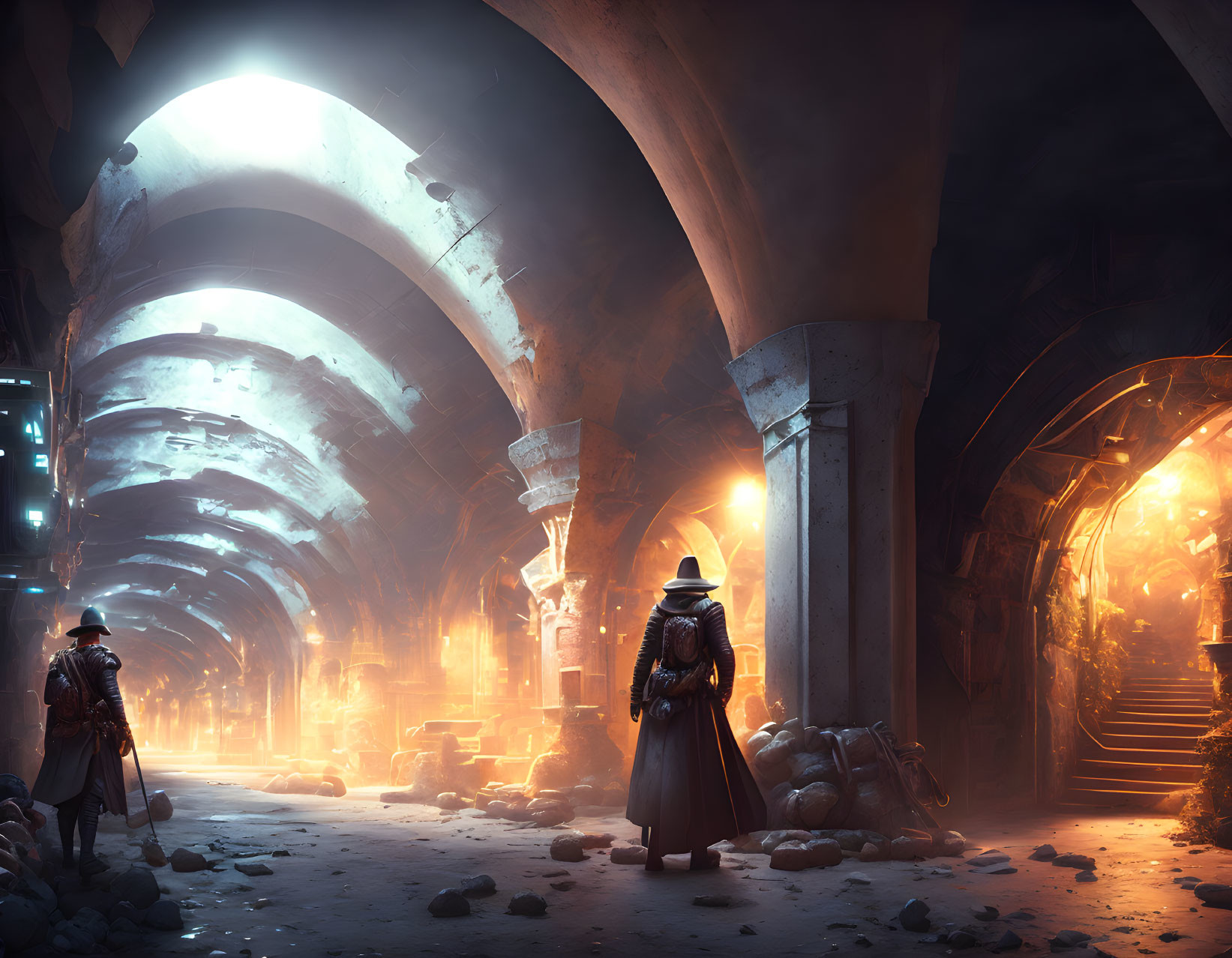 Two figures in hats and cloaks in dimly lit, arch-structured ruin with glowing orange lights