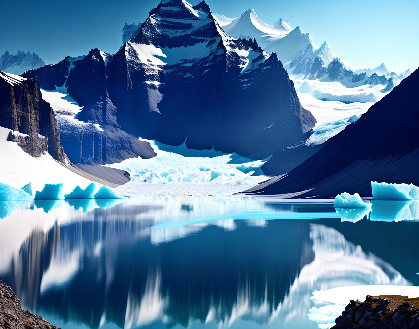 Snow-capped mountains and icebergs in serene glacial landscape