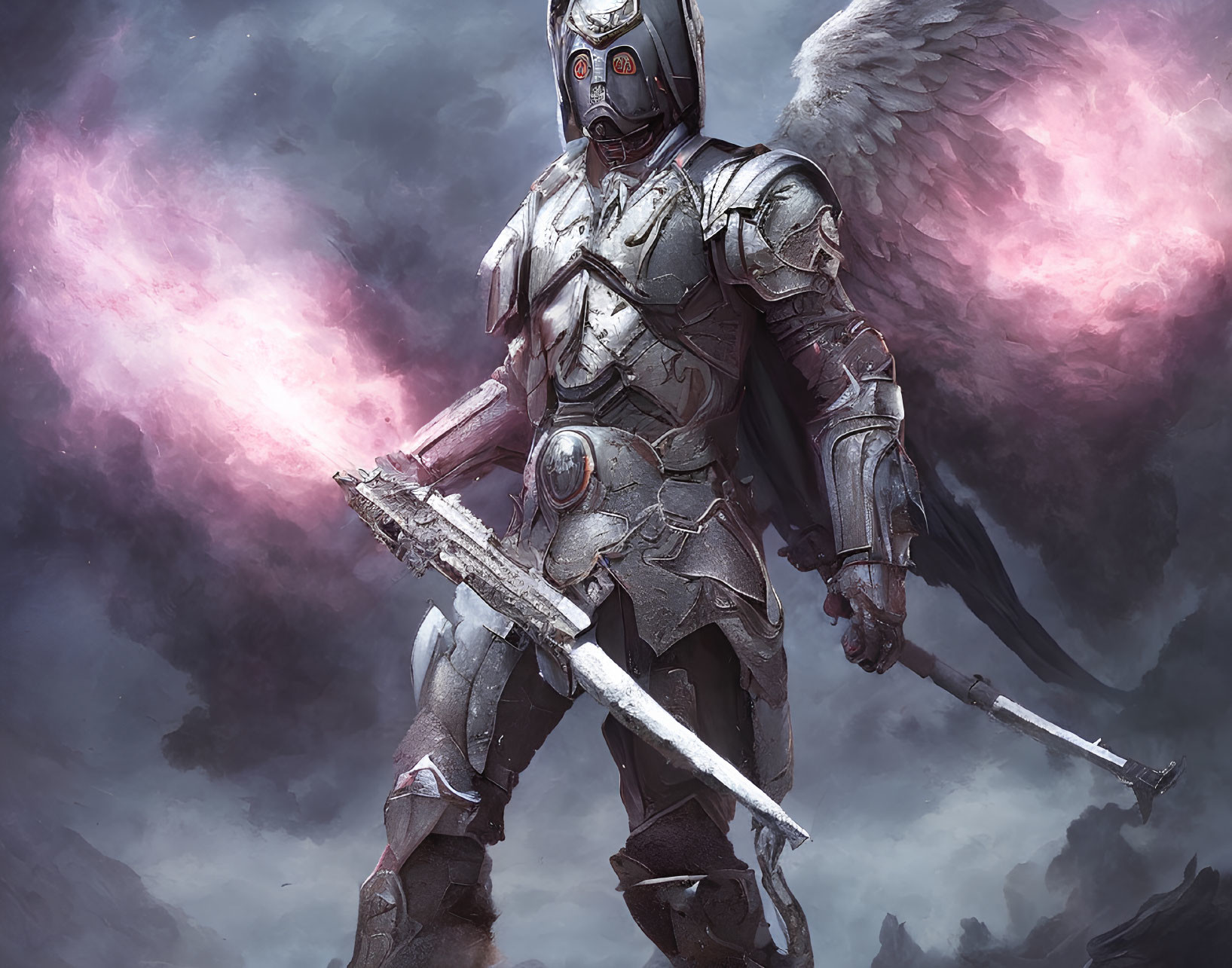 Fantasy armored warrior with glowing eyes and sword in stormy sky.