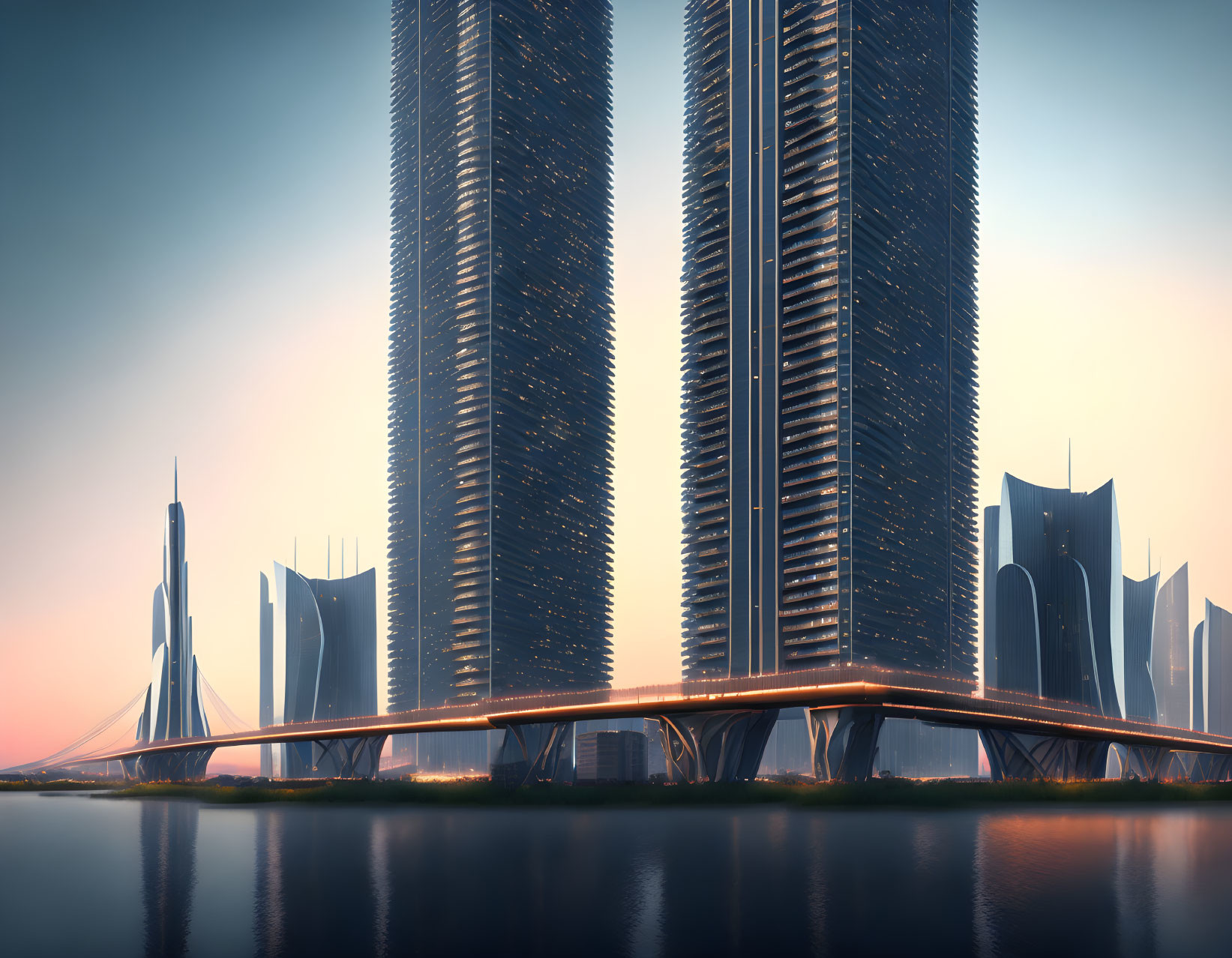 Futuristic twilight cityscape with sleek skyscrapers and bridge over calm water