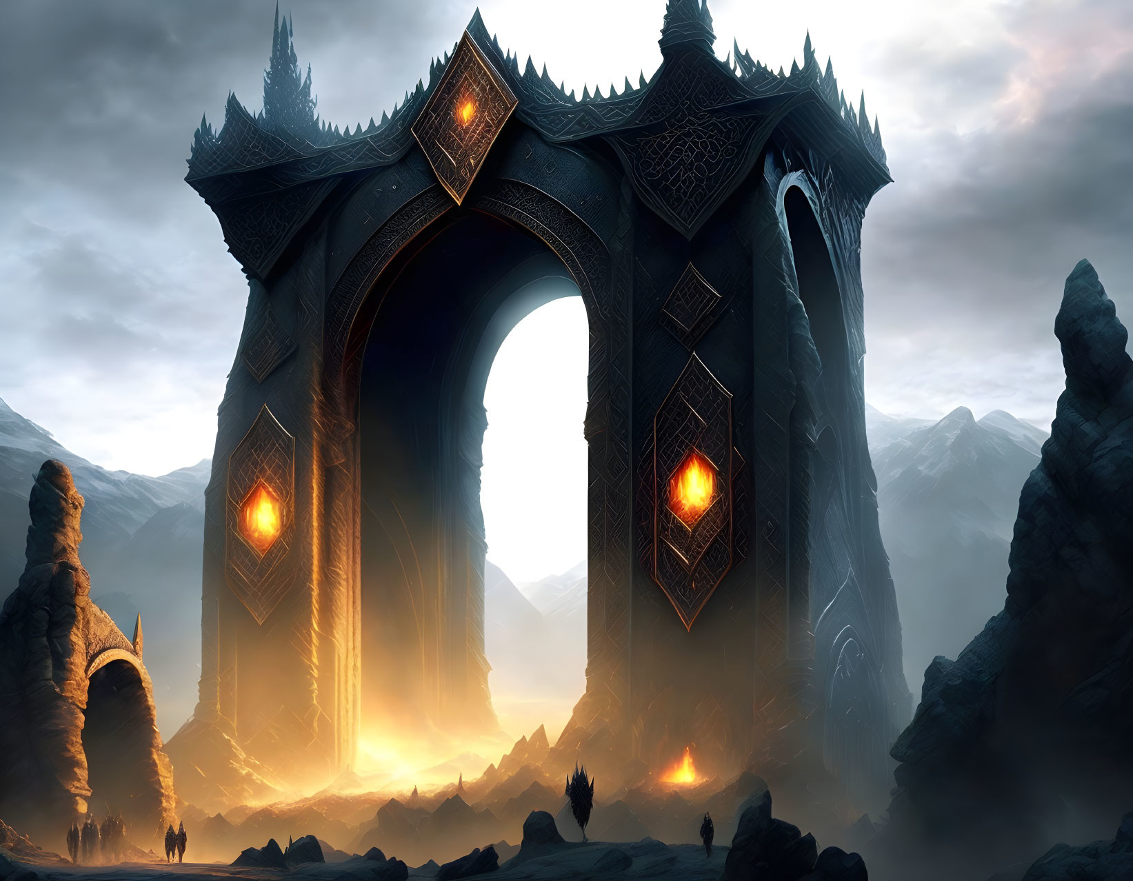 Majestic fantasy gate on rugged cliffs with glowing fiery light