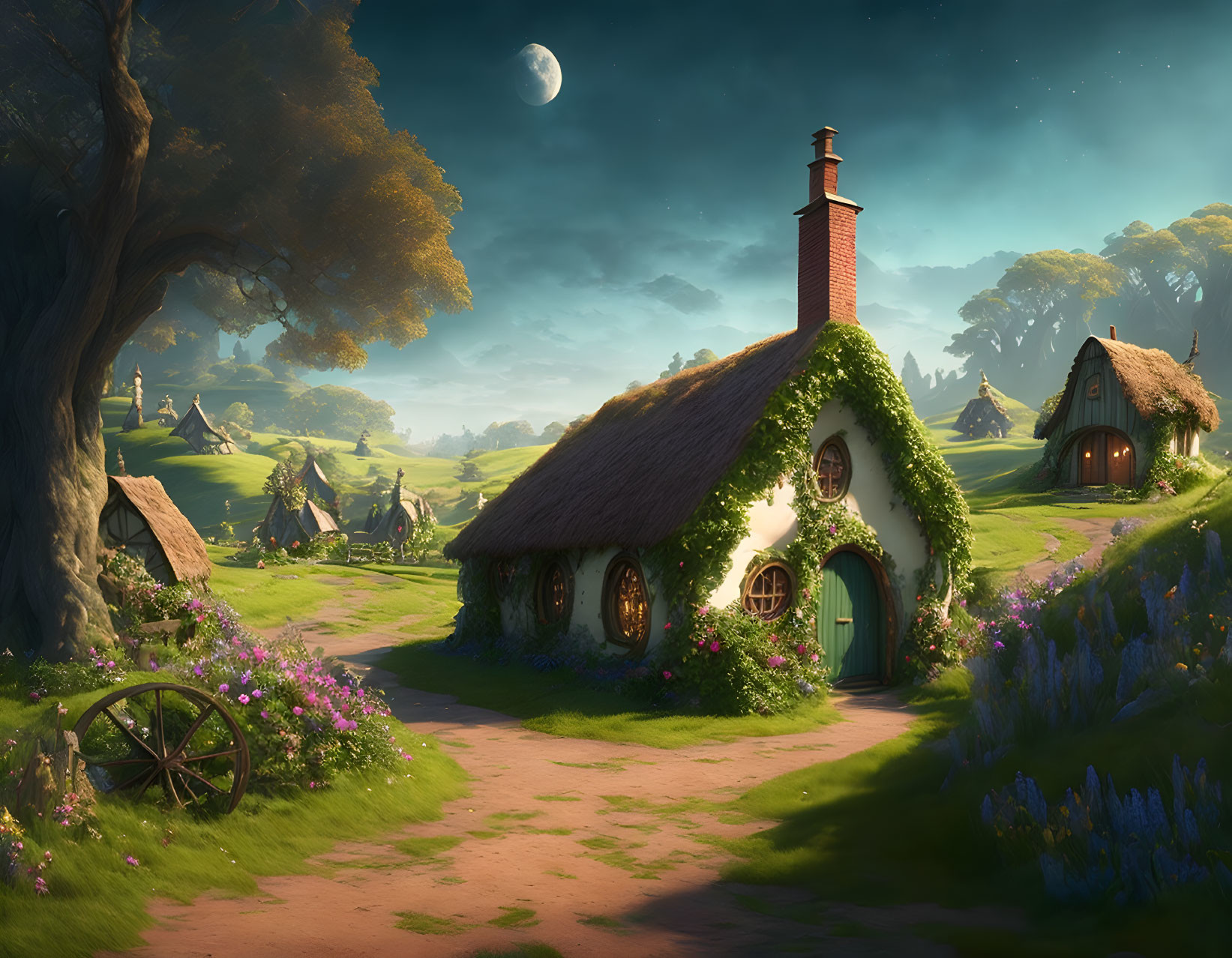 Tranquil fantasy village with thatched-roof cottages & crescent moon