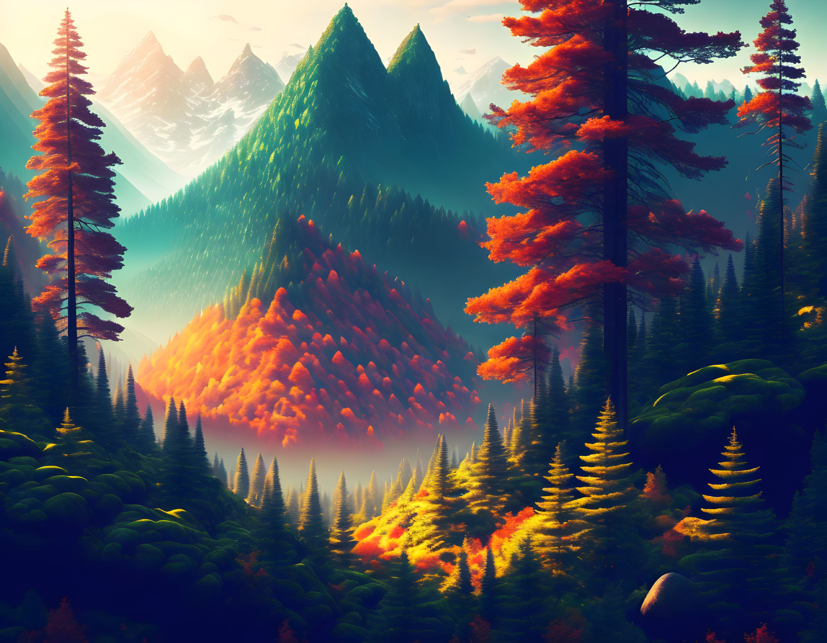 Vibrant orange and green forest in misty mountain landscape