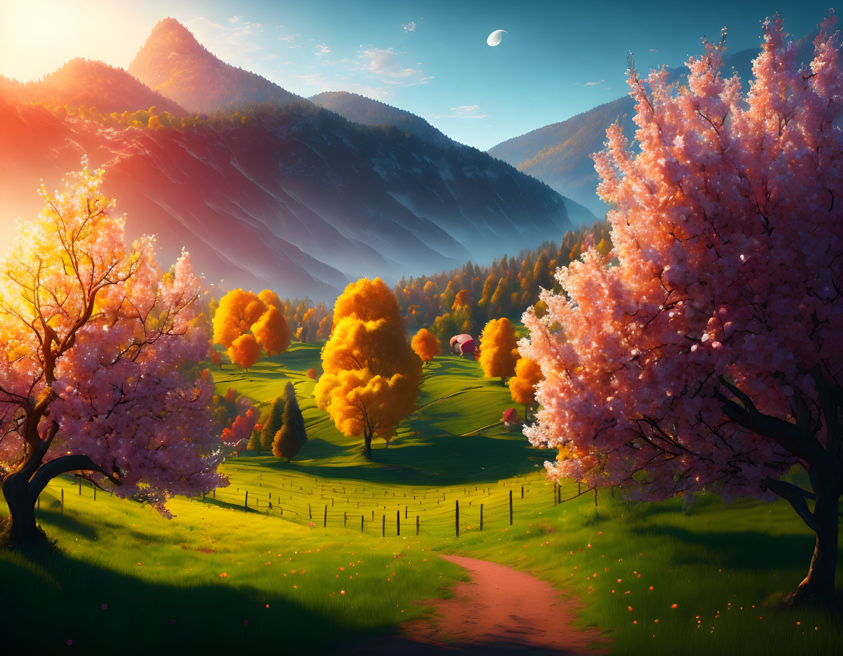 Scenic landscape with cherry blossoms, golden trees, hills, mountains under sunset sky