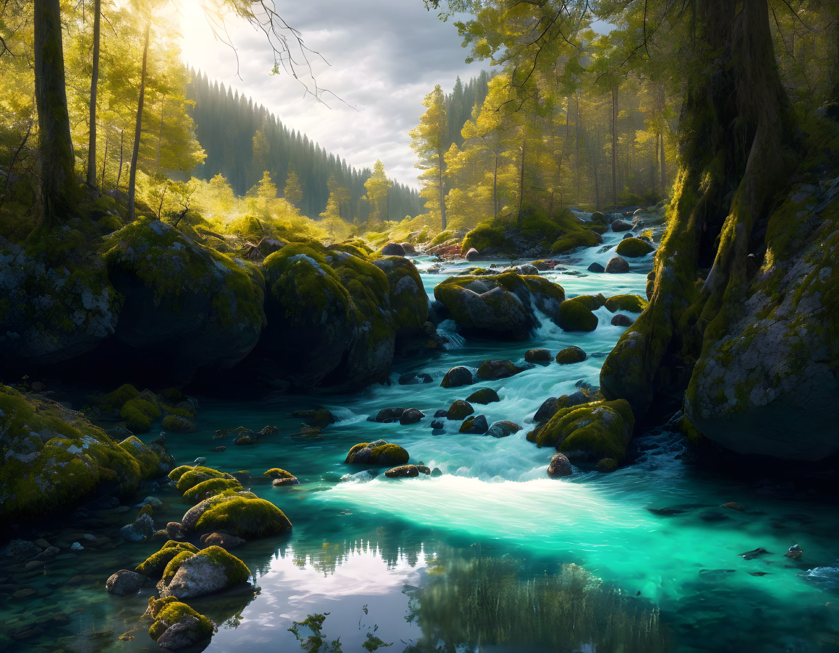 Tranquil forest scene with moss-covered stones in blue stream