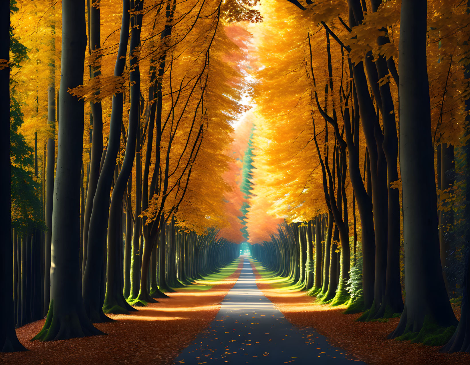 Tranquil autumn scene: tree-lined path, vibrant leaves, warm glow