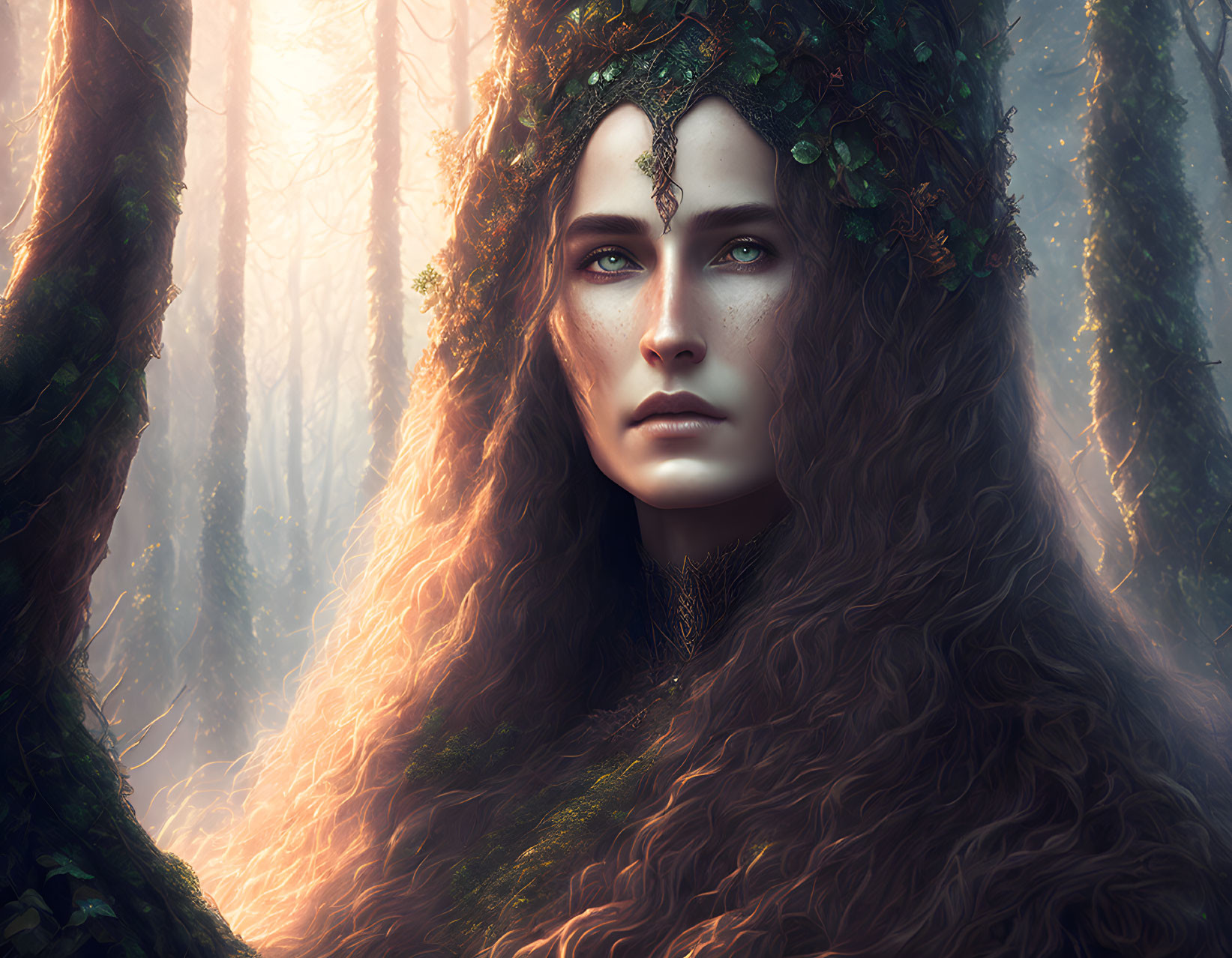 Mystical woman with leaf crown in sunlit forest