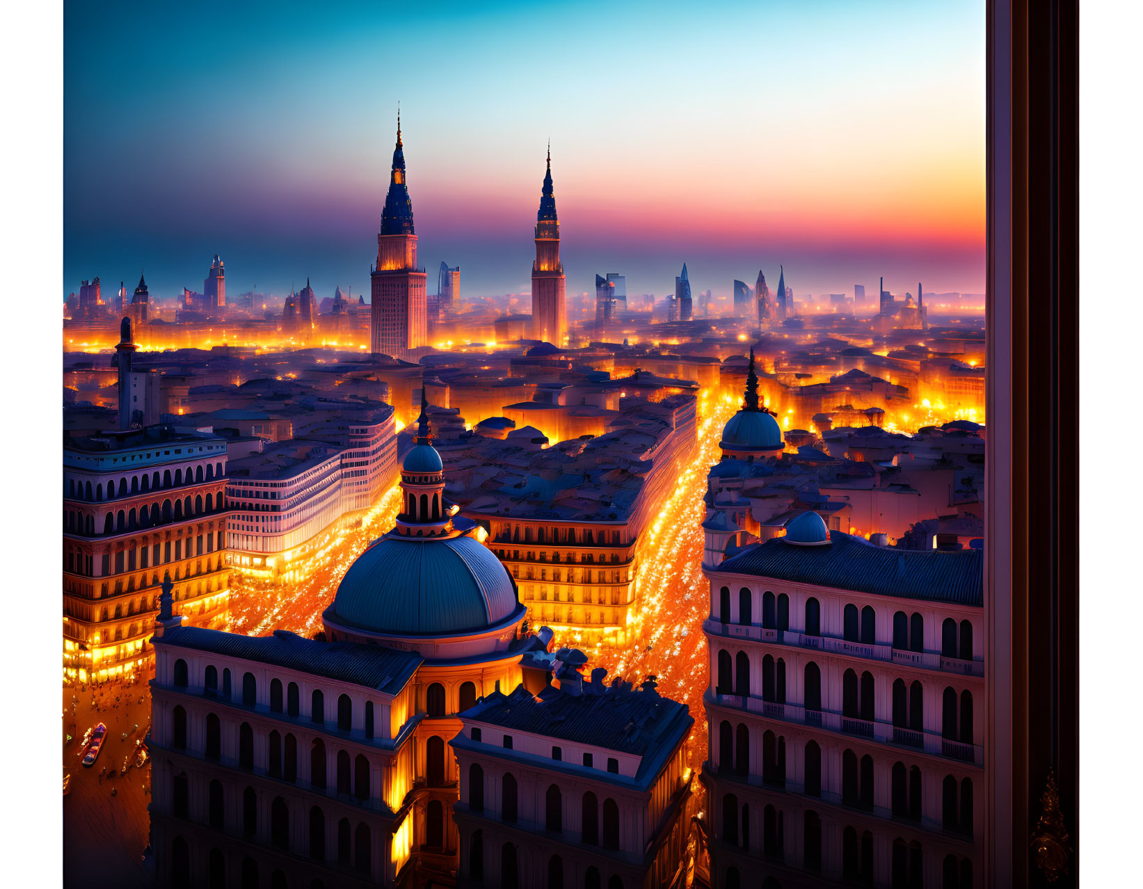 Dusk cityscape with illuminated buildings and skyscrapers