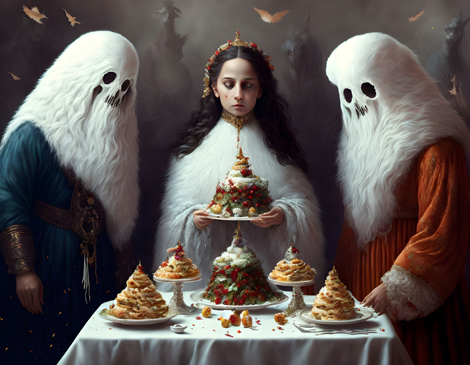 Solemn woman with festive pastries and masked figures among butterflies