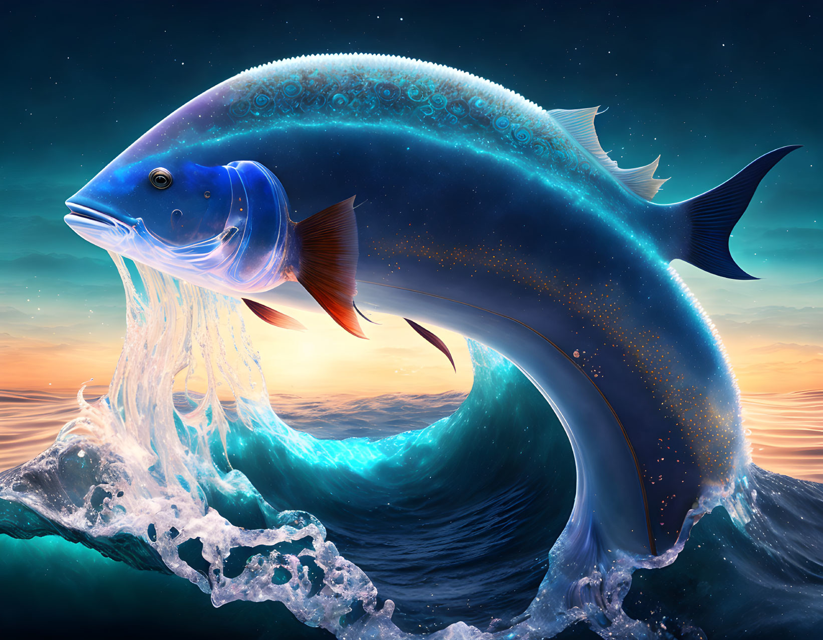 Surreal Blue Fish Leaping Over Ocean Waves at Twilight