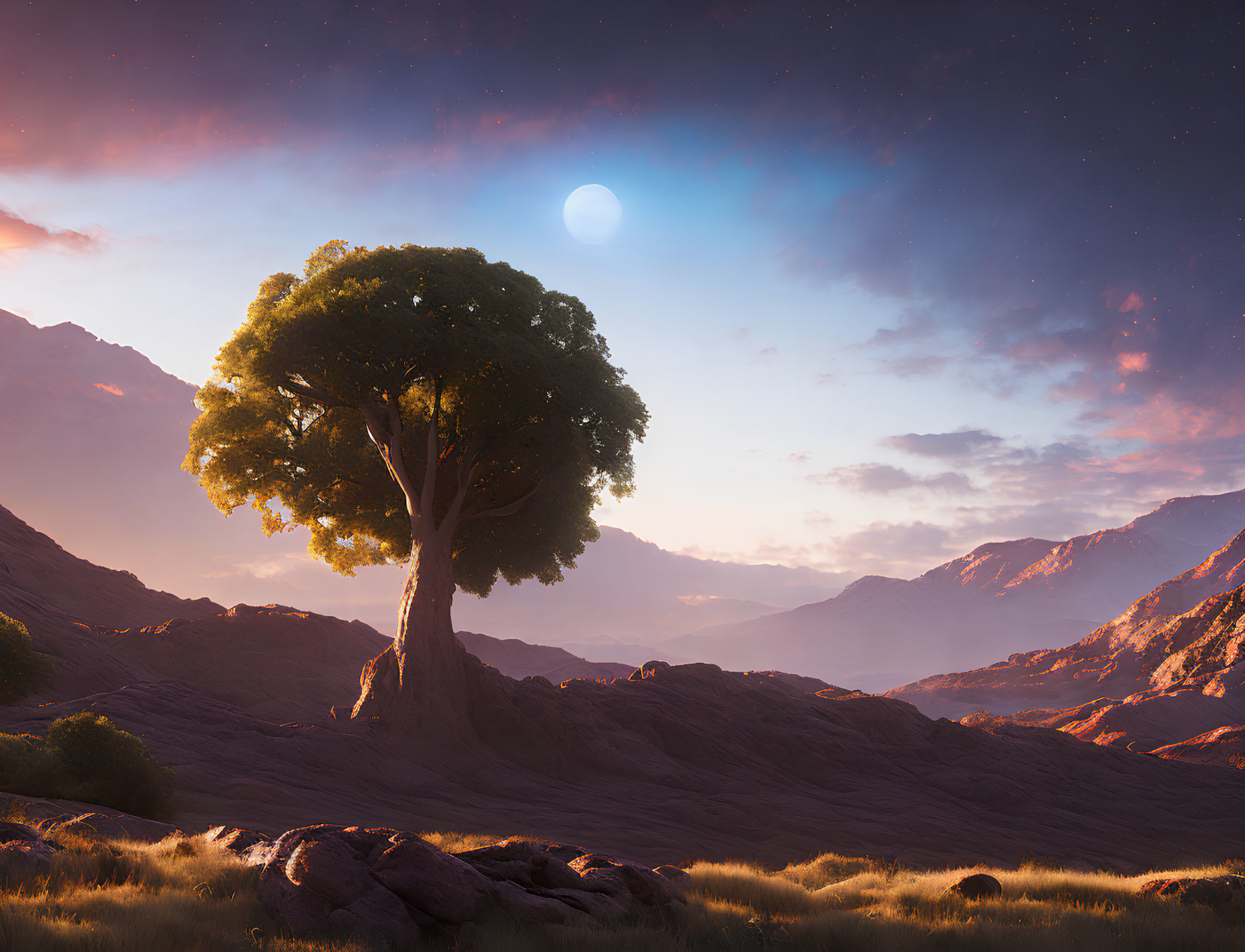 Solitary tree on rugged terrain with mountains and glowing moon