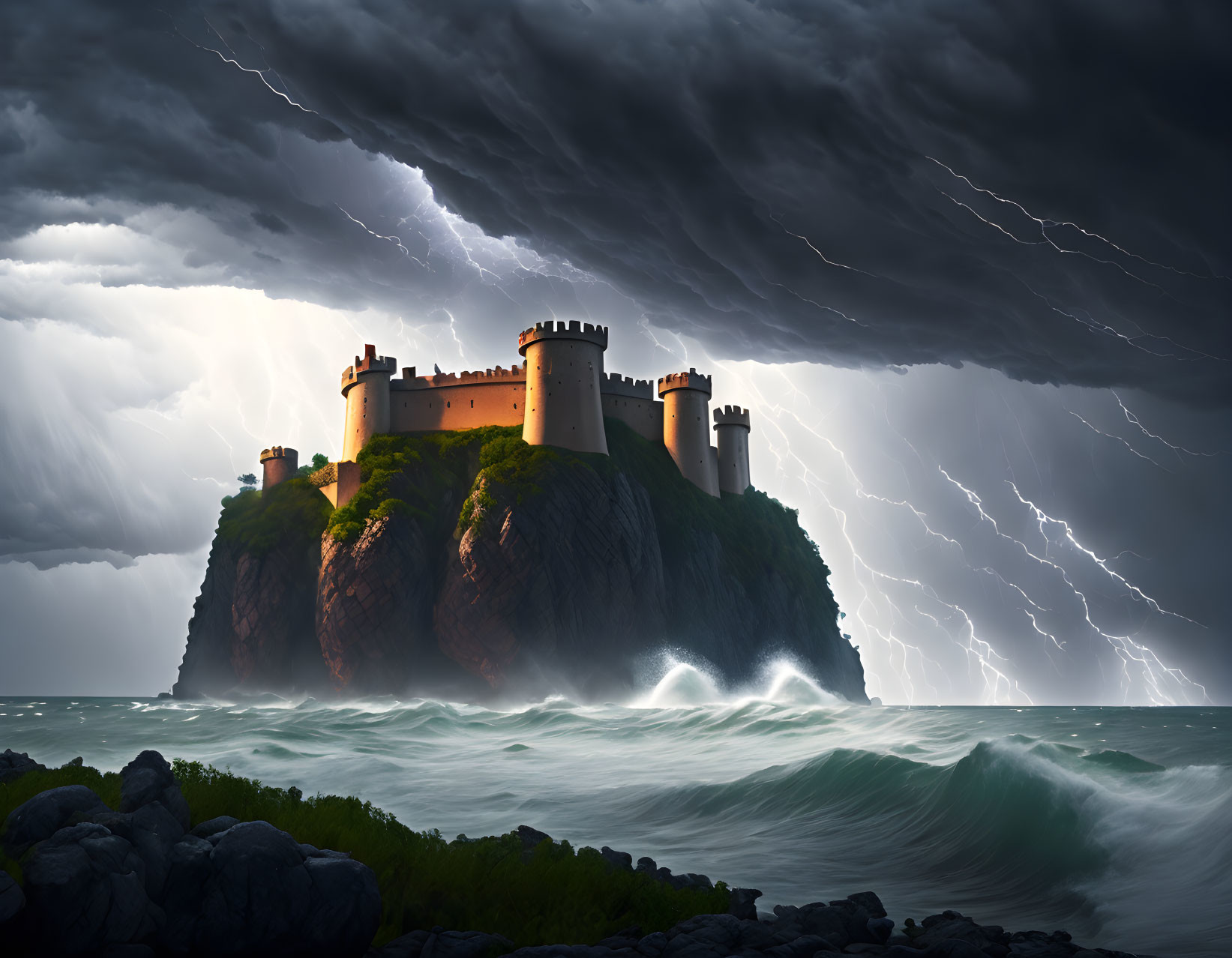 Medieval castle on cliff in storm with lightning over sea