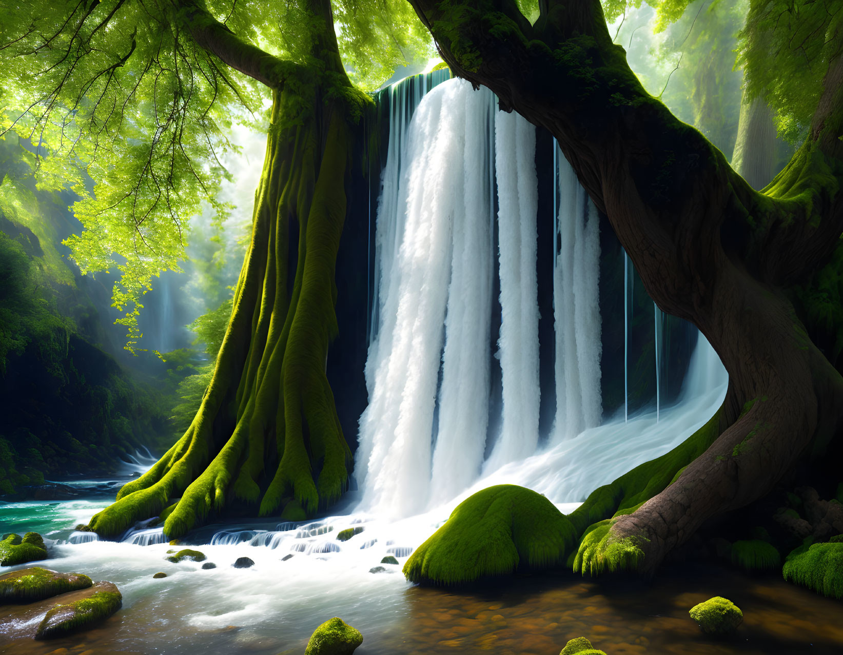 Serene pool with majestic waterfall and lush greenery