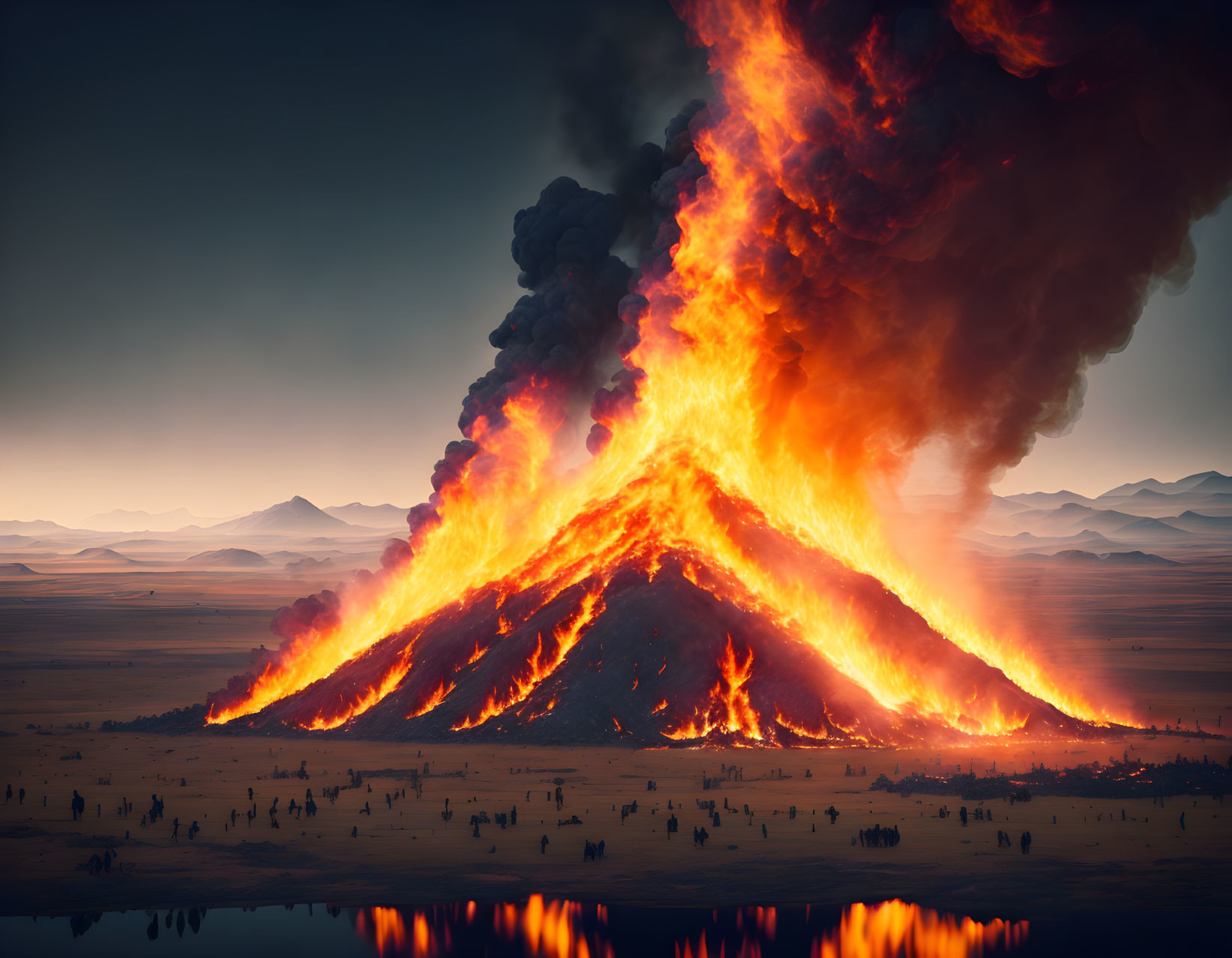 Volcanic eruption with smoke plume and lava flow in dusky sky