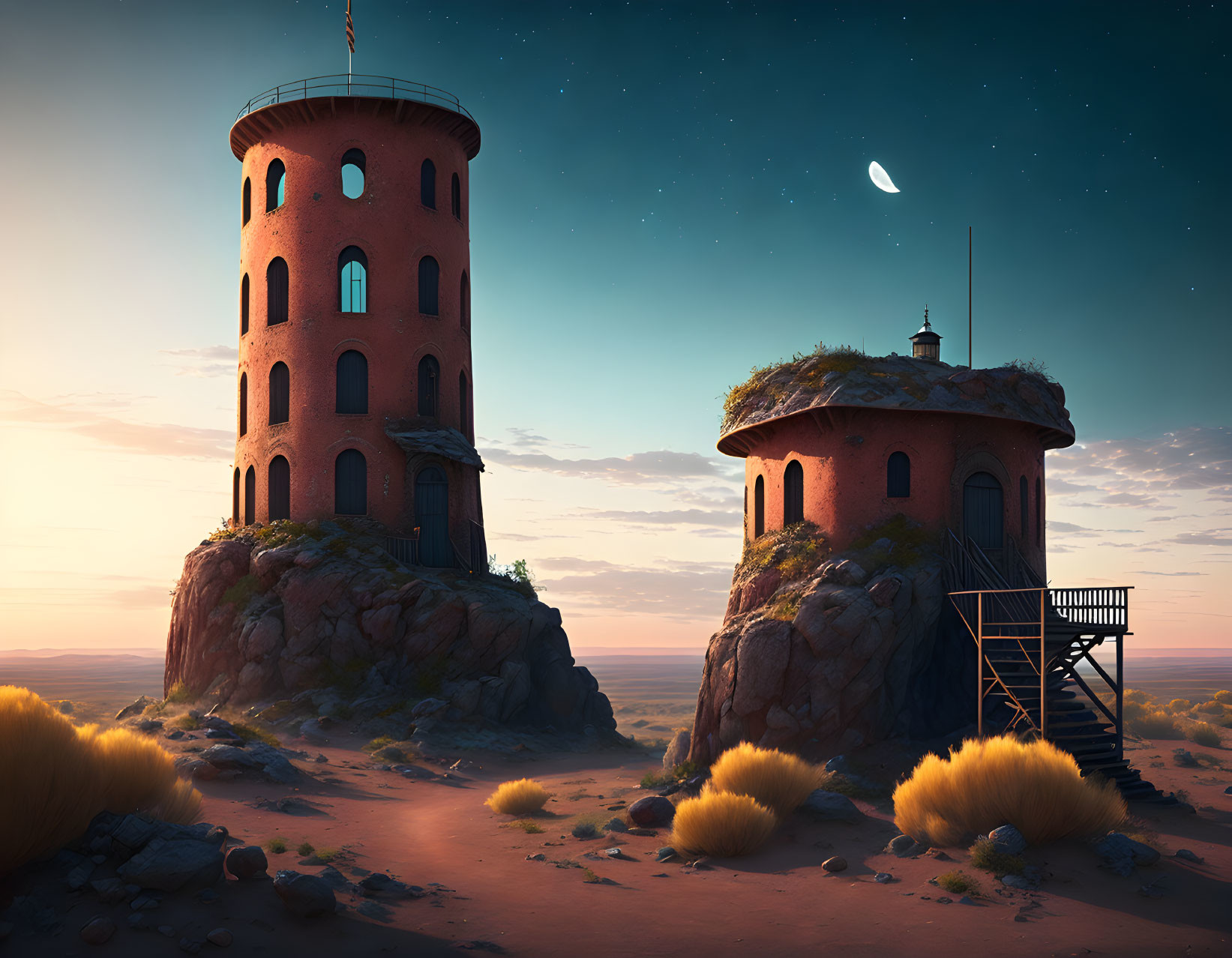 Red-Brick Twin Towers in Desert Twilight with Crescent Moon