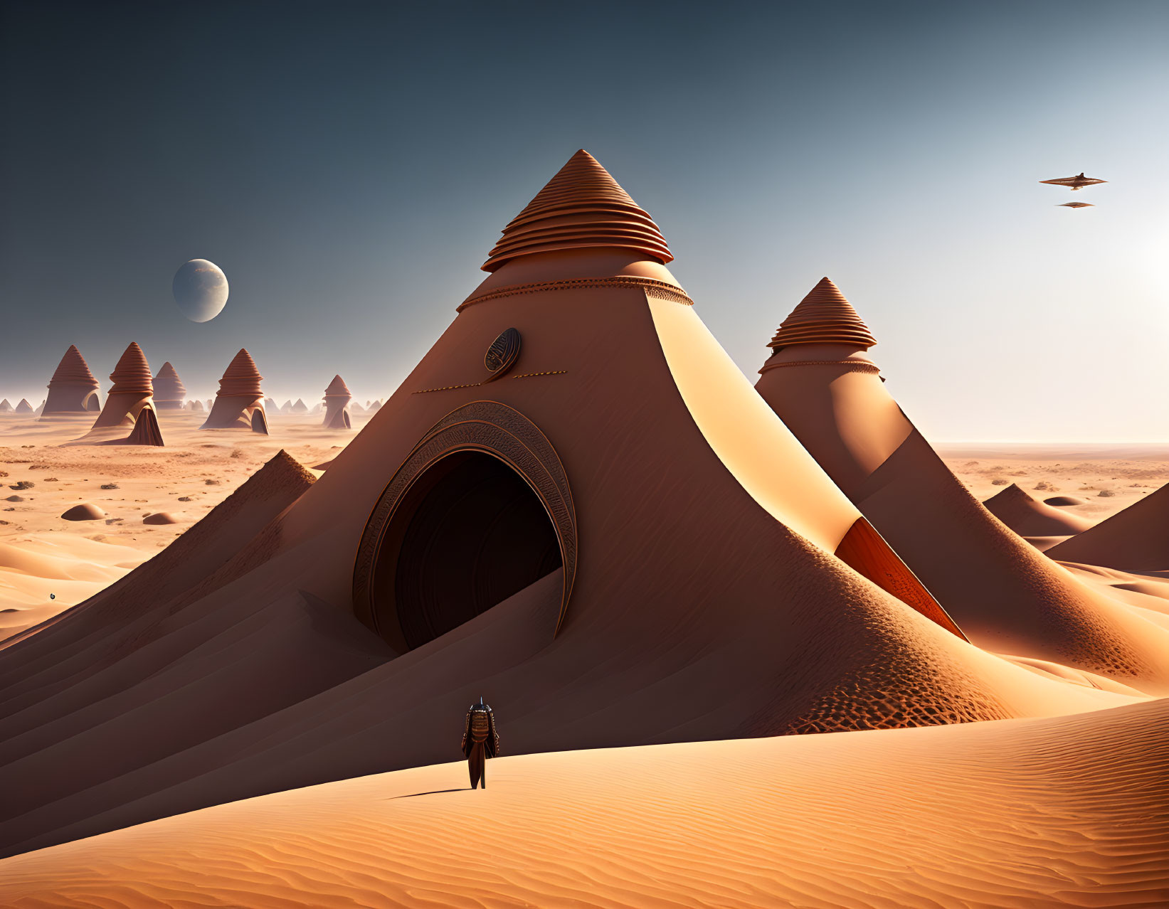 Person in futuristic desert landscape with moon and flying vehicles