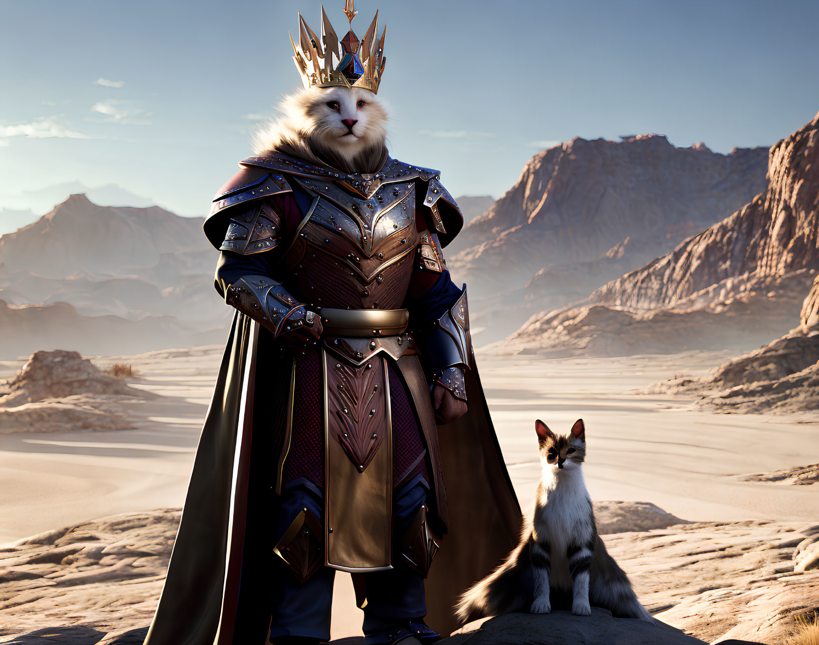 Regal anthropomorphic cat in armor with crown in desert landscape