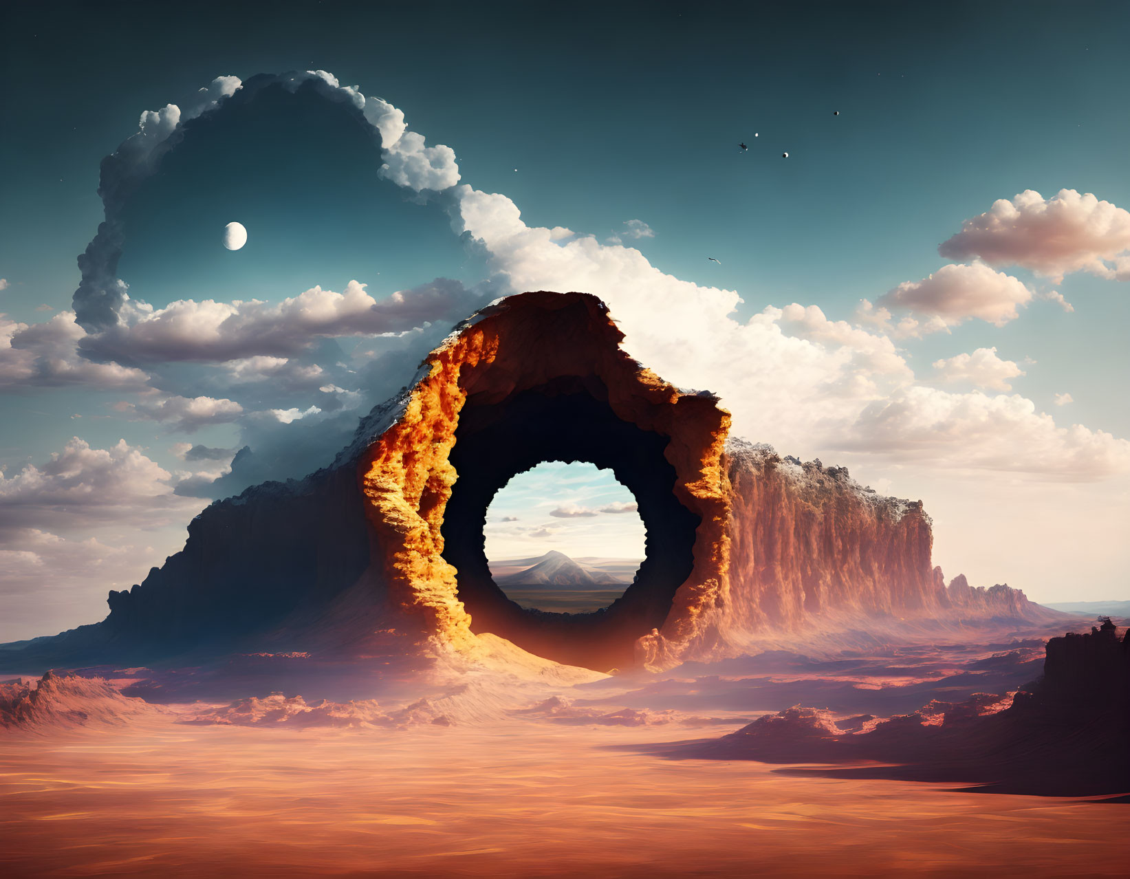 Surreal desert landscape with hole-pierced rock formation under moonlit sky