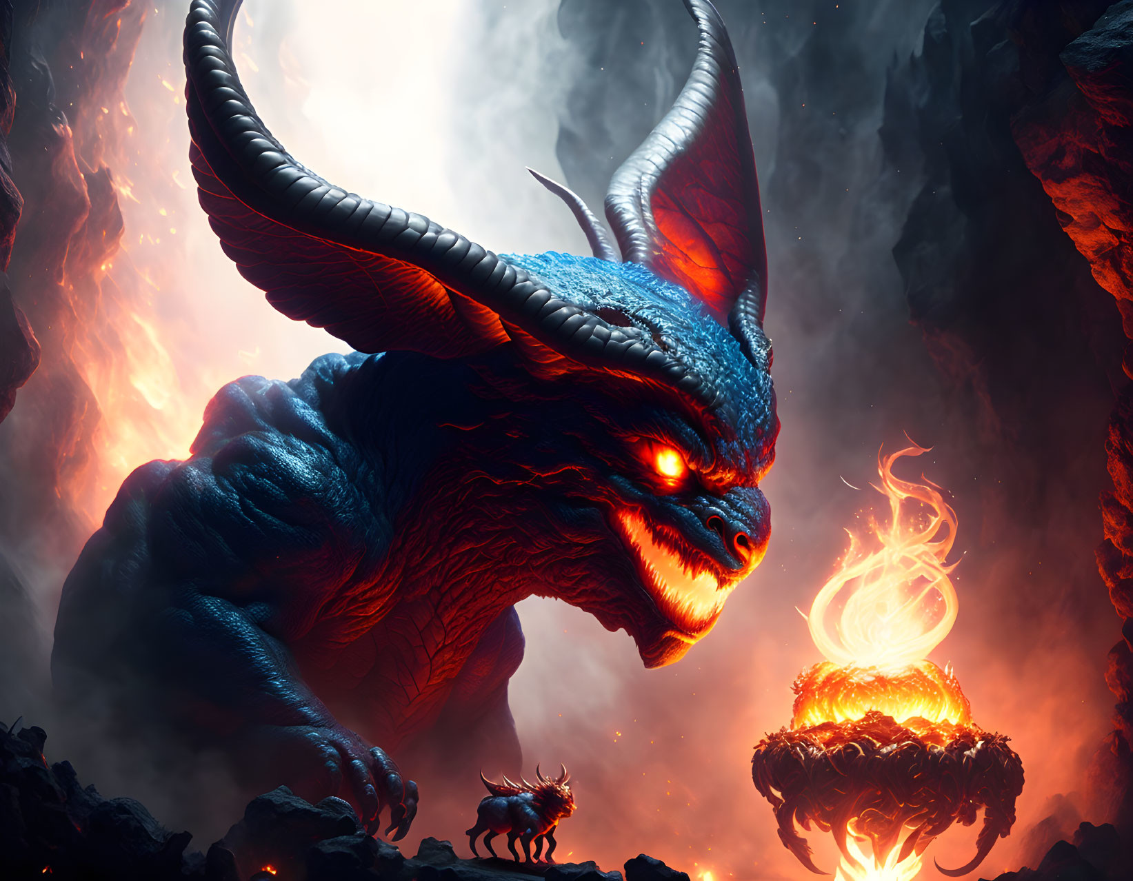 Blue dragon with red eyes and horns in fiery landscape with black dragon and lava ring