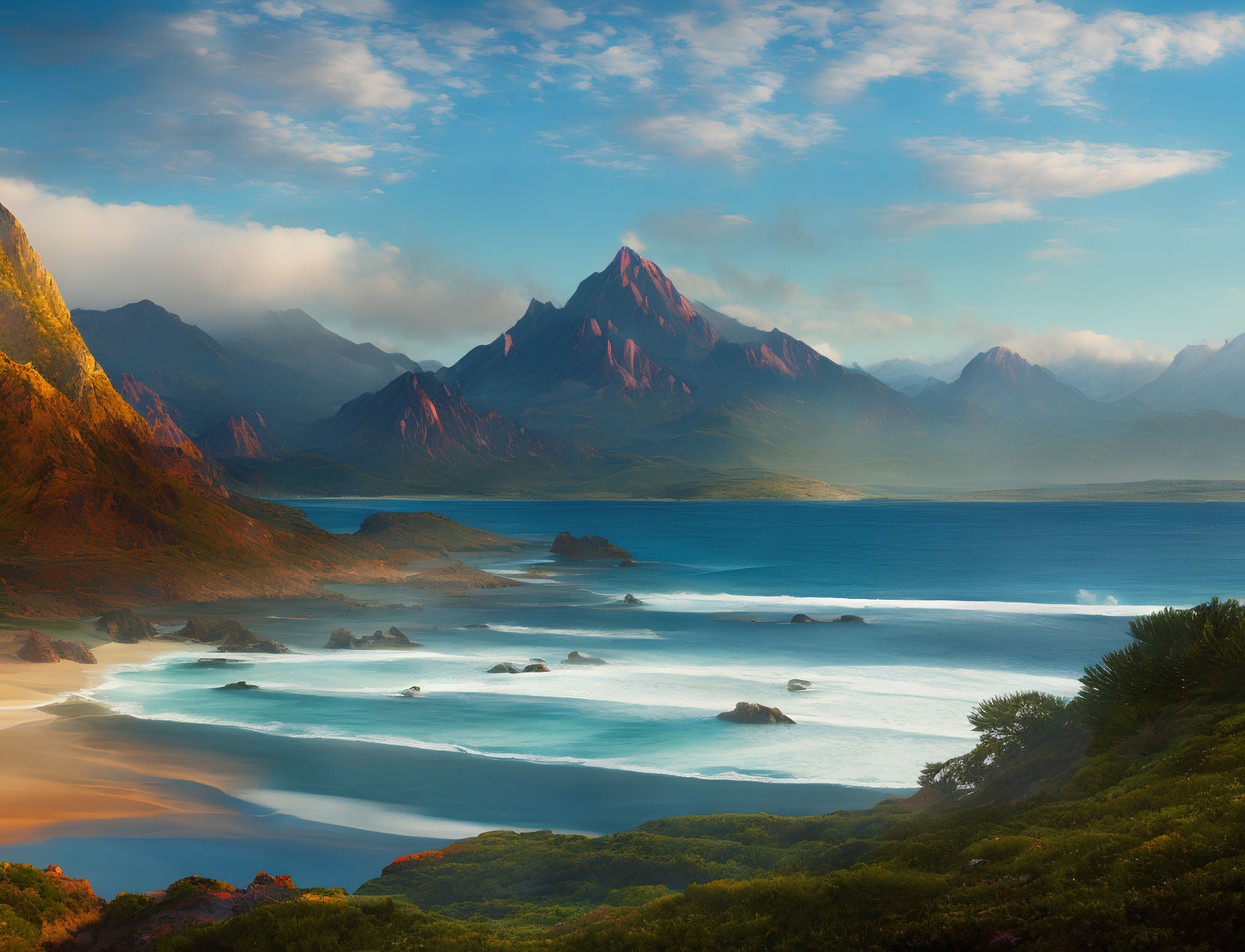 Coastal Landscape with Beach, Cliffs, and Mountain View