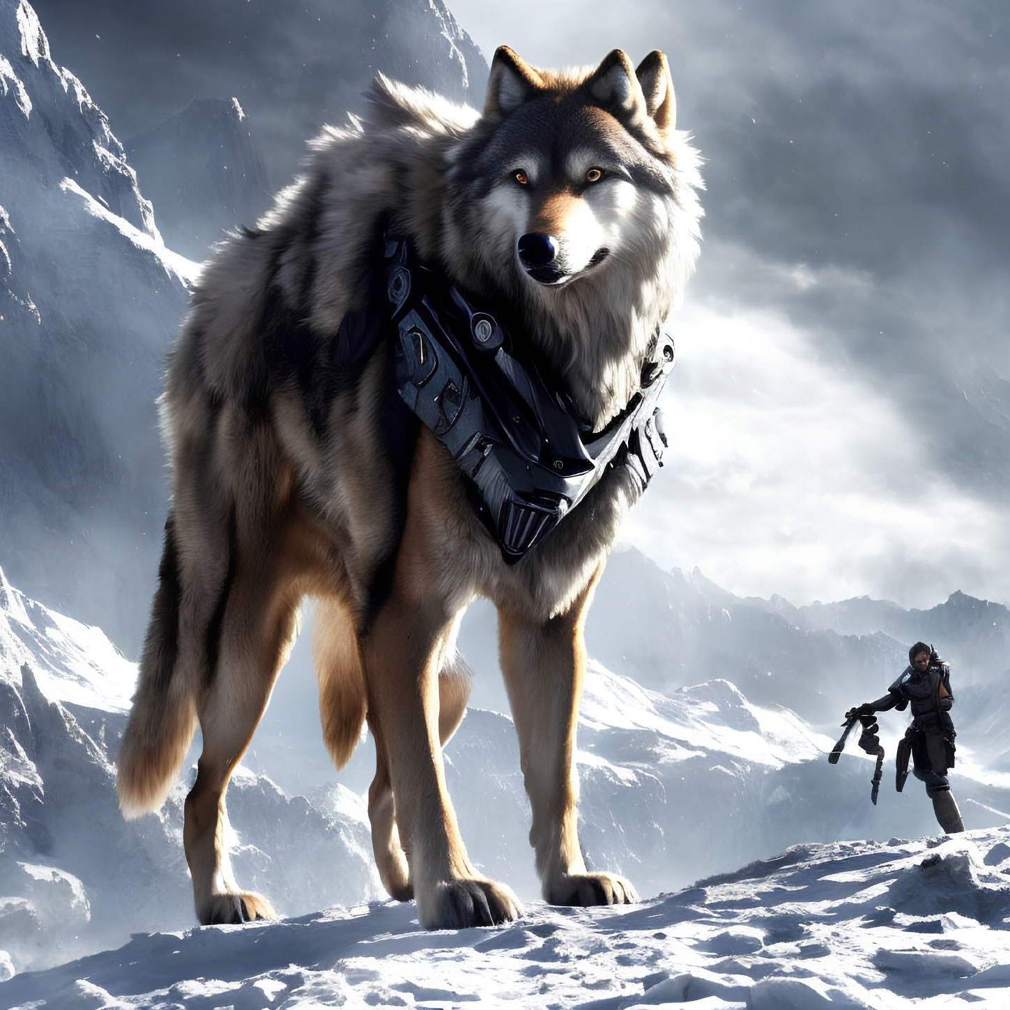 Gigantic armored wolf in snowy mountain landscape with armed figure