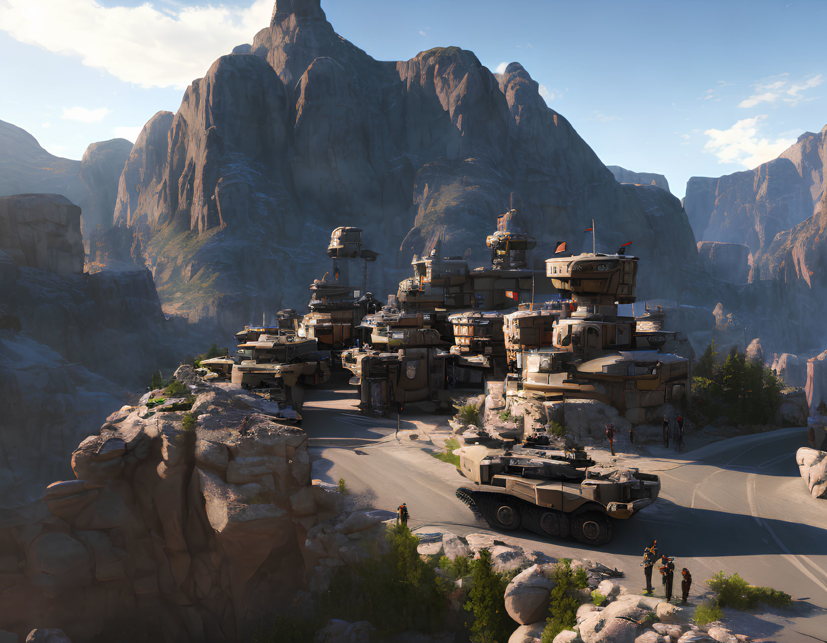 Futuristic military outpost on rocky cliffs with armored vehicles and personnel.