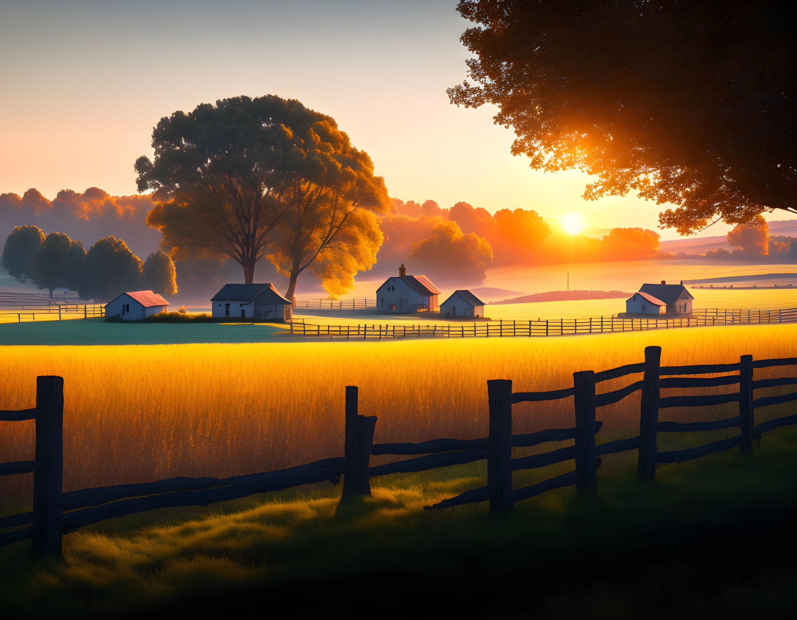 Serene farm at sunrise with golden fields and white houses