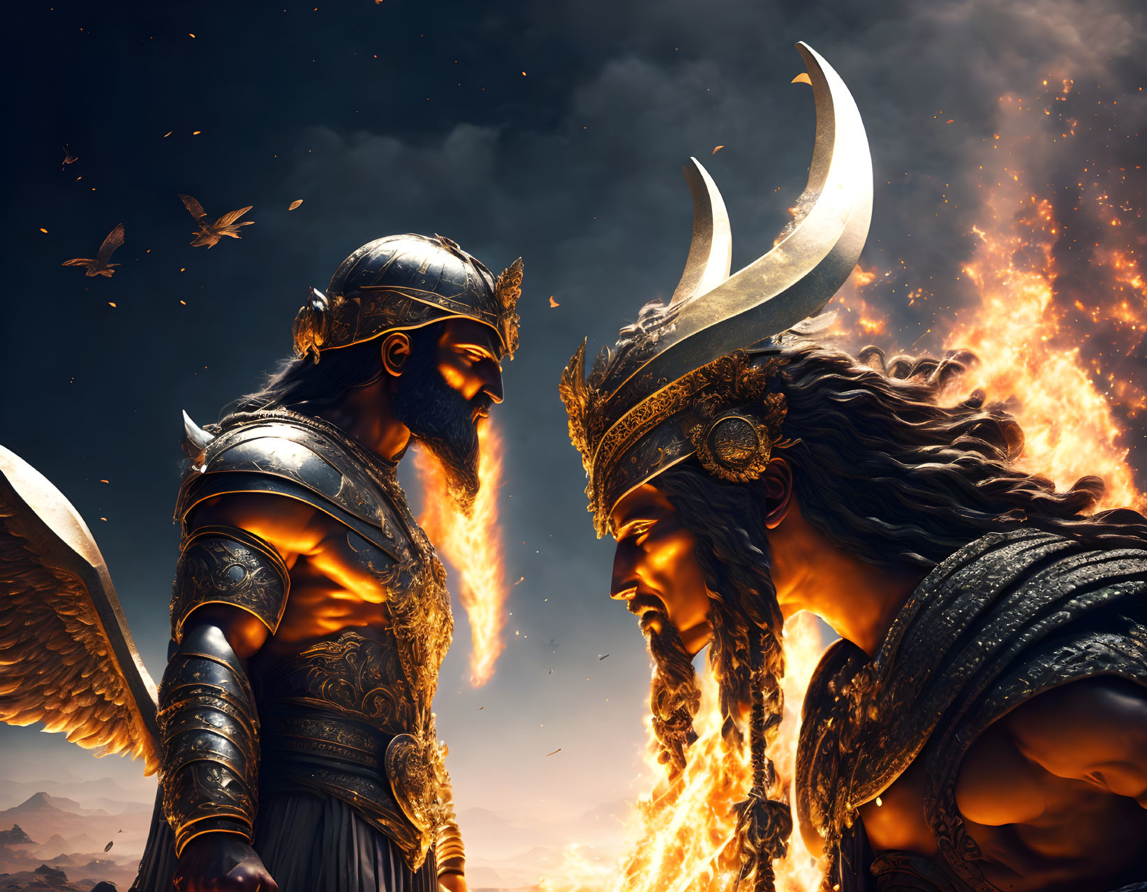 Armored warriors with fiery wings and horned helmets in dramatic sky.