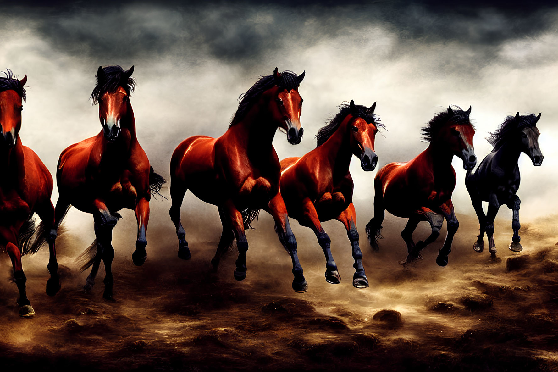 Magnificent horses galloping under dramatic dark sky