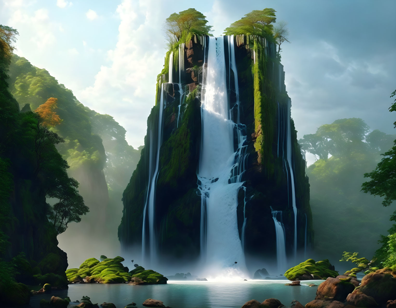 Majestic waterfall cascading from lush cliff into serene pond