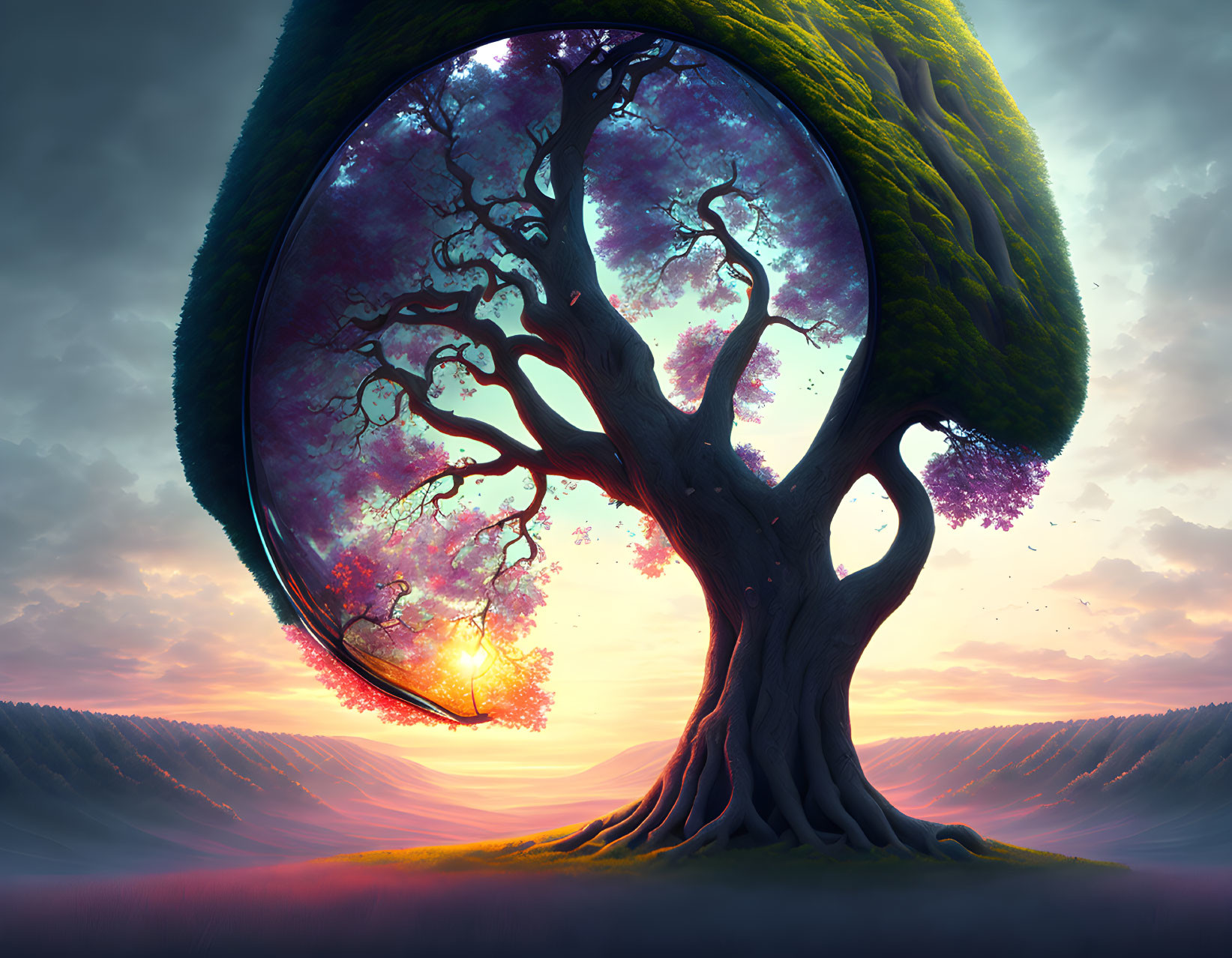 Cosmic tree with glowing portal in serene landscape