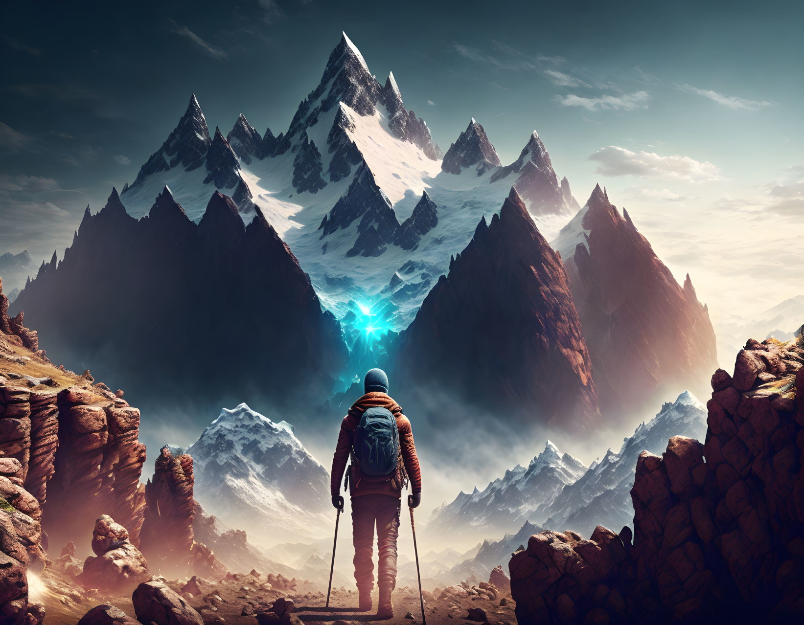 Hiker in surreal landscape with glowing mountain peak