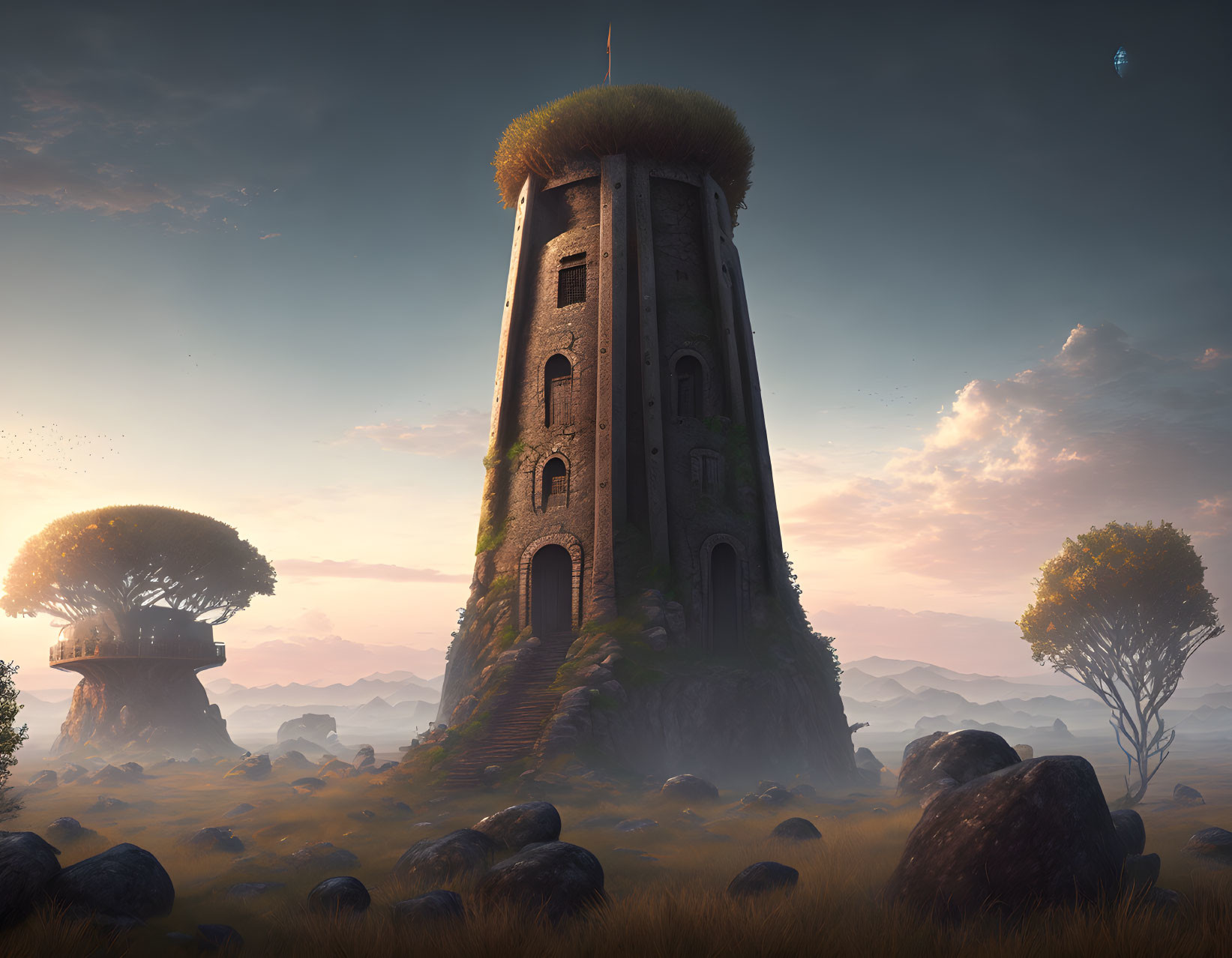 Mystical tower with grassy crown in dreamy landscape at dawn