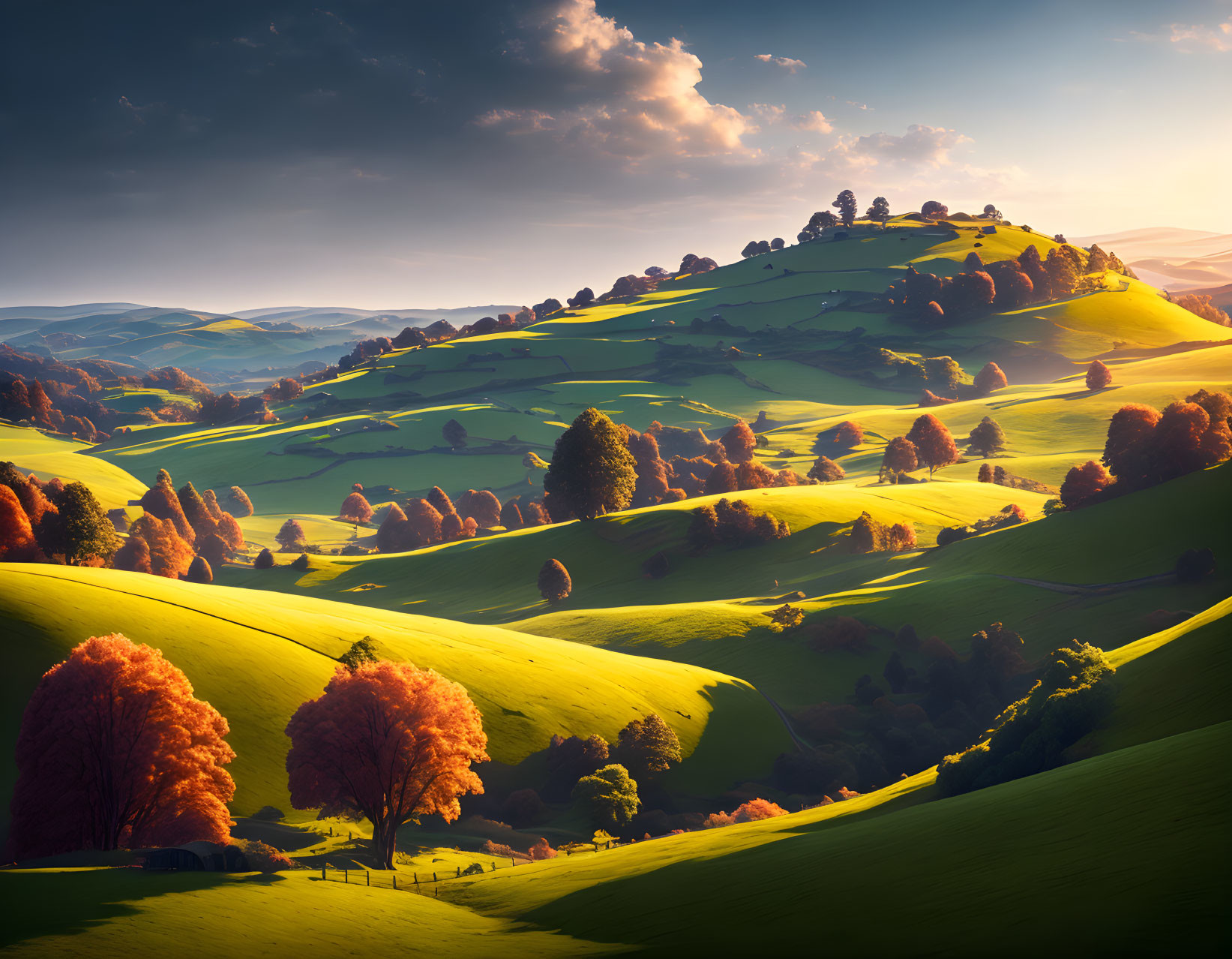 Scenic rolling hills: vibrant green grass, golden sunlight, autumn trees, clear blue sky.