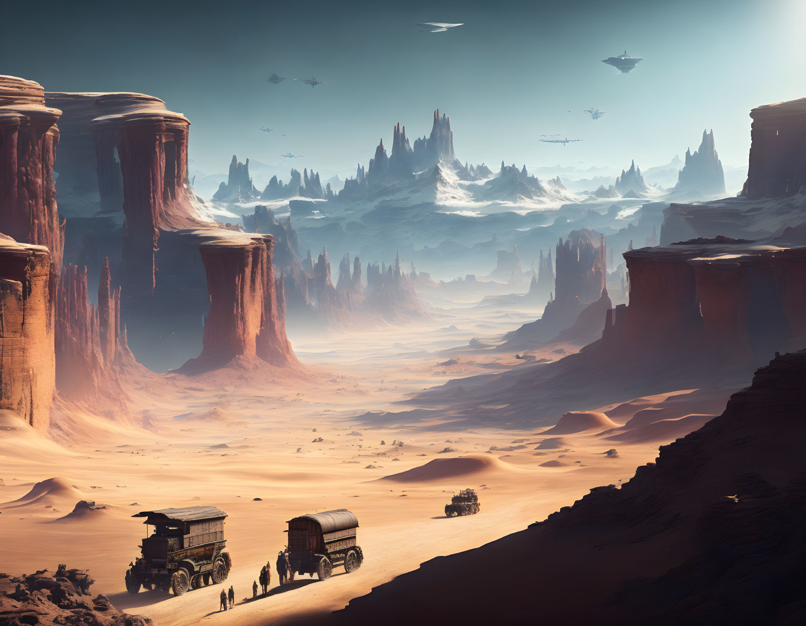 Covered wagons in desert with rock formations, flying vehicles, and icy mountains