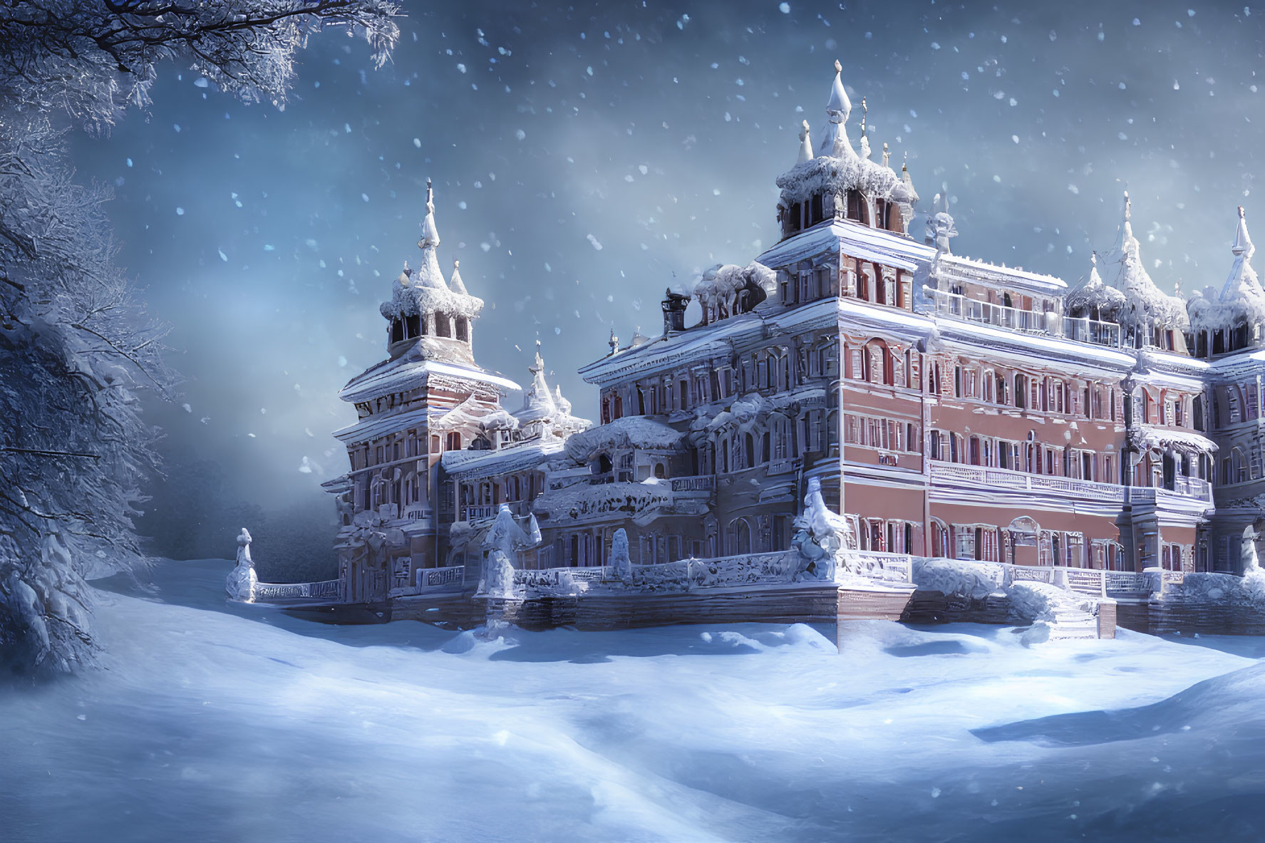 Snow-covered palace with ornate towers in serene winter wonderland