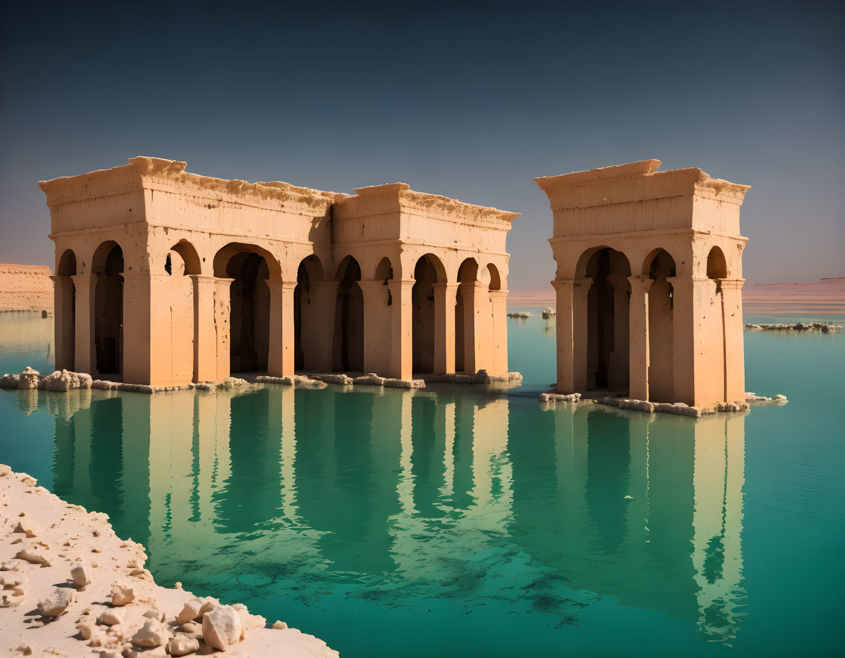 Flooded classical building with columns in tranquil turquoise waters