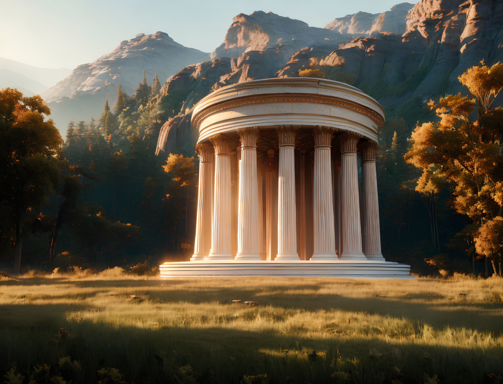 Circular Temple with Corinthian Columns in Forest Clearing at Sunrise