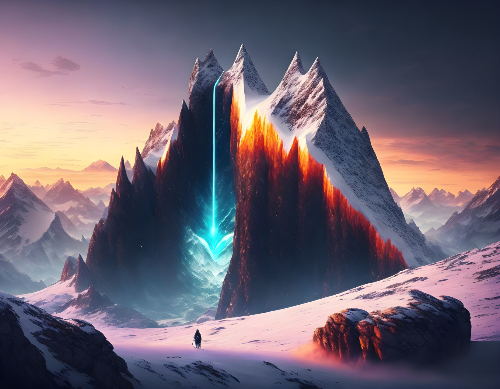 Lone figure facing glowing blue crevice in twilight mountain range