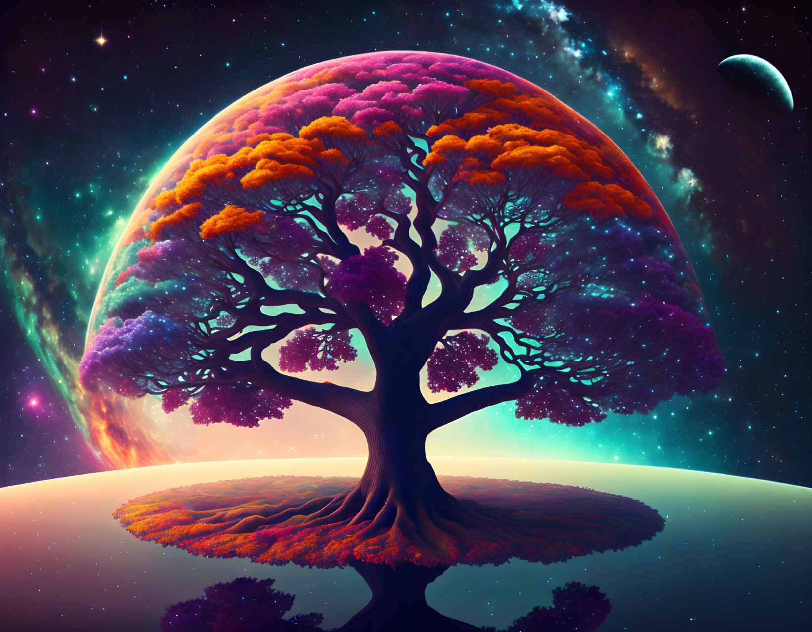 Multicolored tree on celestial body with planet and moon in sky