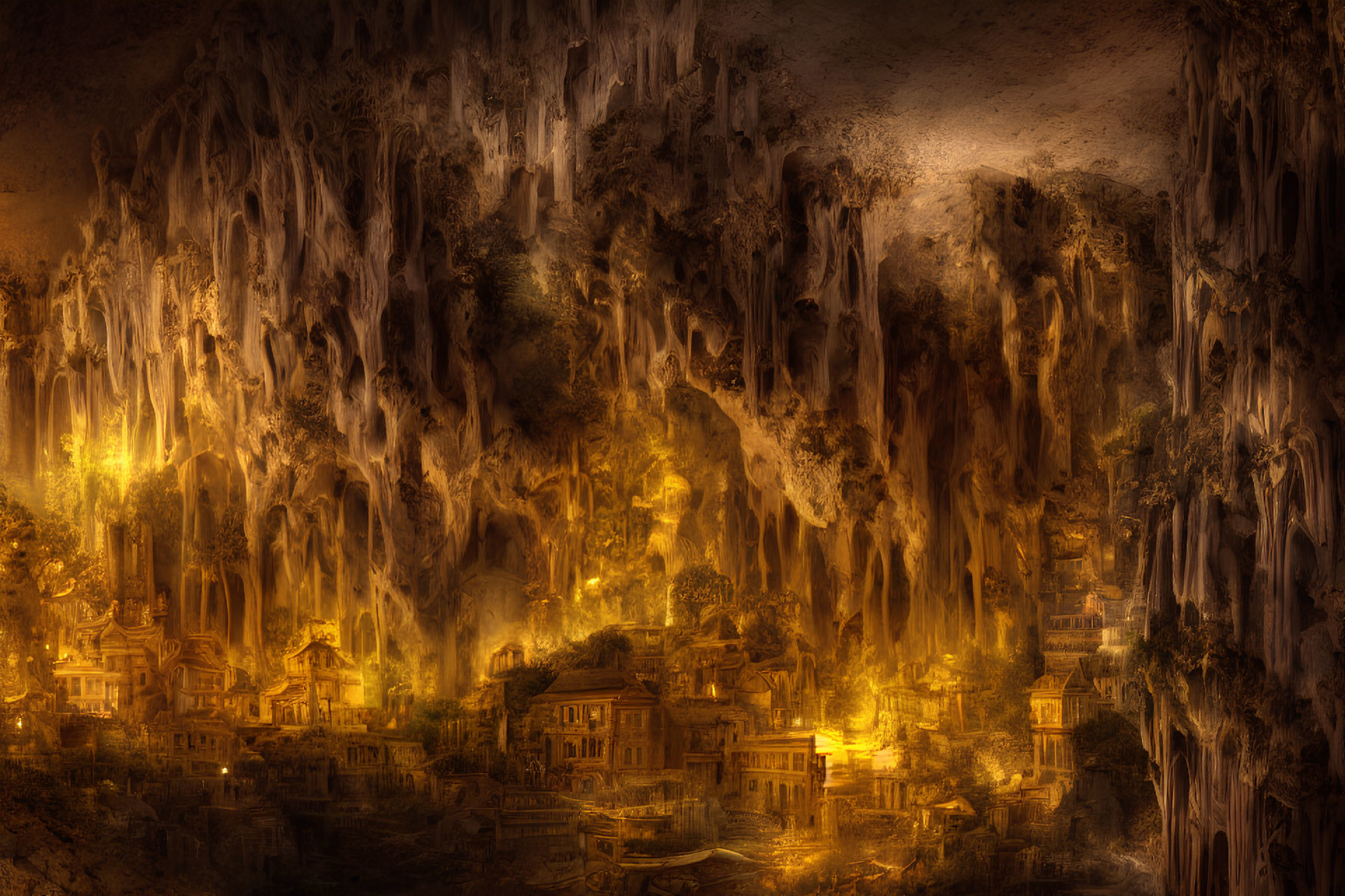 Ethereal underground city with golden light and intricate buildings