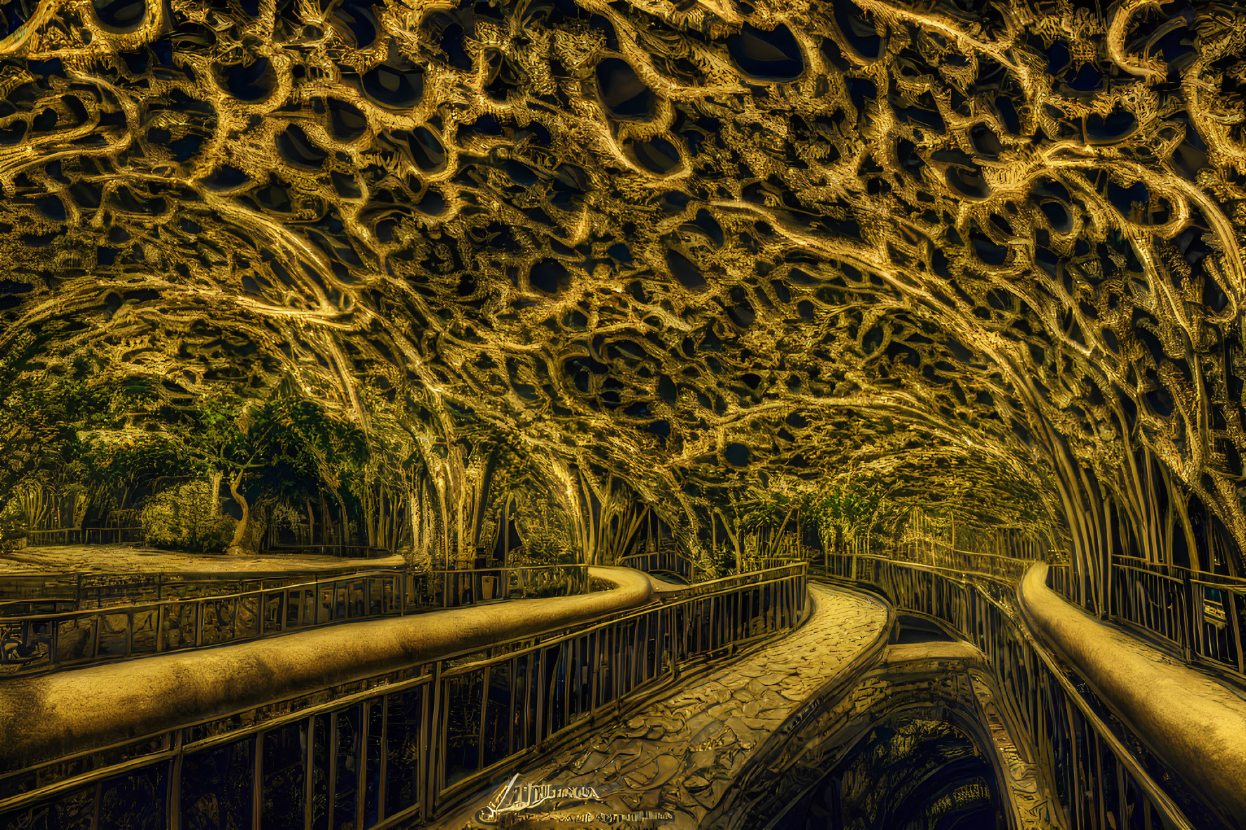 Surreal golden pathway with organic structures in a fantastical scene