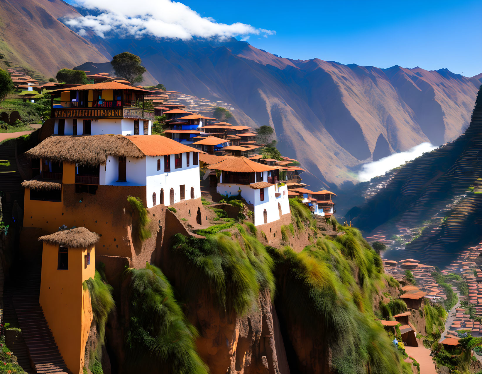 Traditional Houses on Terraced Hillside Overlooking Deep Valley