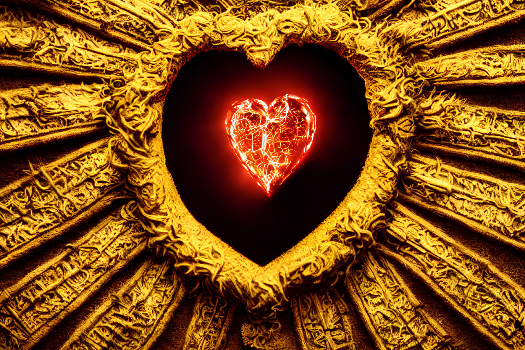 Red heart in golden heart-shaped frame on textured background