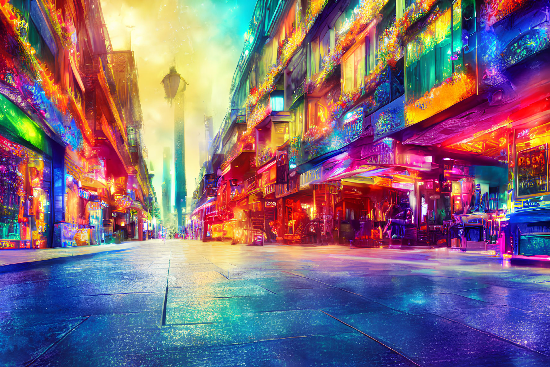 Vibrant street scene with neon lights and futuristic shops