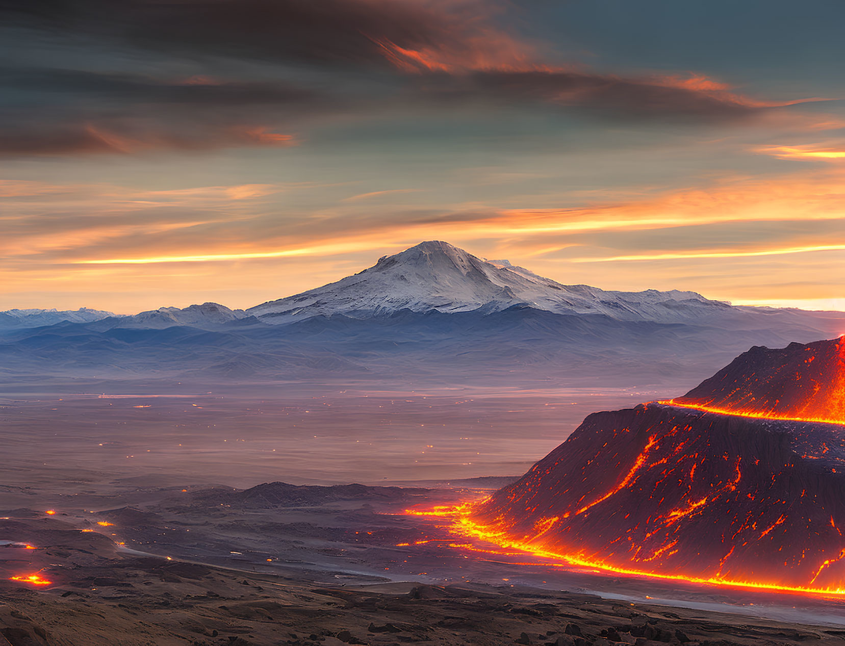 Snow-capped mountain and lava flow under dramatic sunset sky