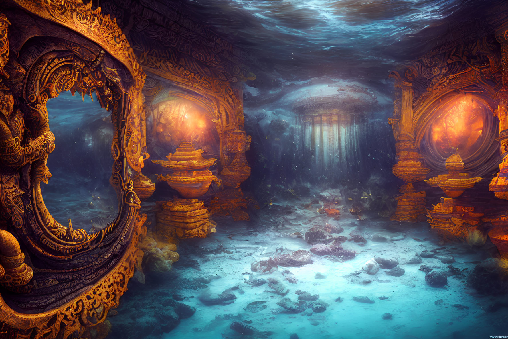 Ancient temple ruins in underwater scene with glowing lanterns and light-filled passage